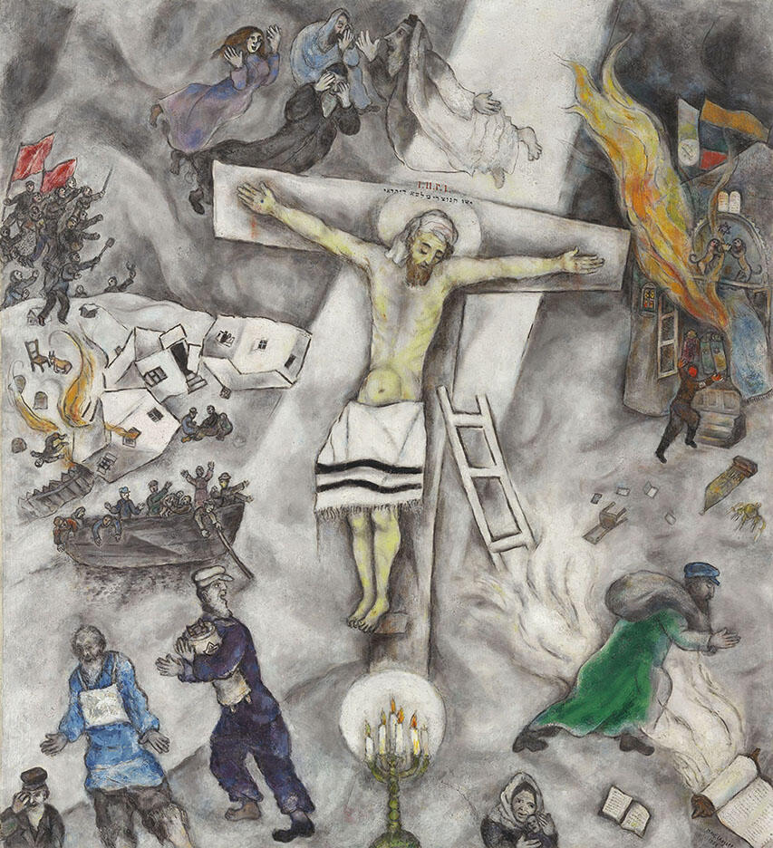 Painting of Jesus on the cross wearing a prayer shawl surrounded by mourning angels and figures holding Torah scrolls.