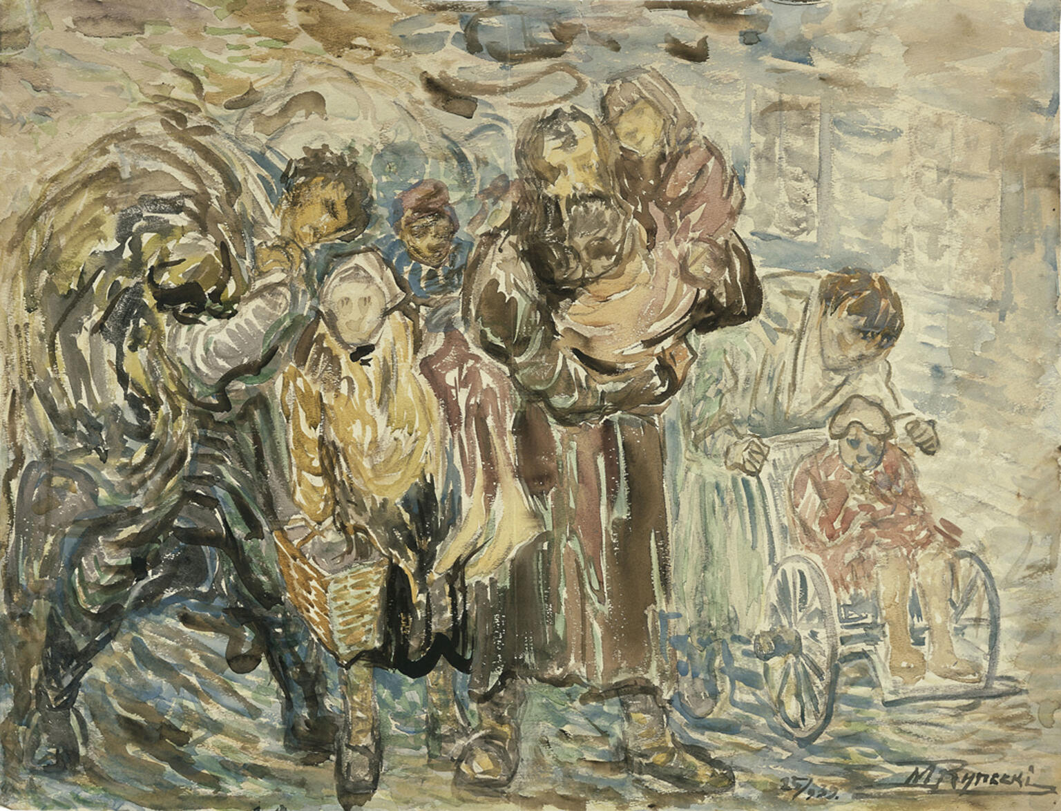 Painting of women, men, and children crowded together. Painting of women, men, and children crowded together.