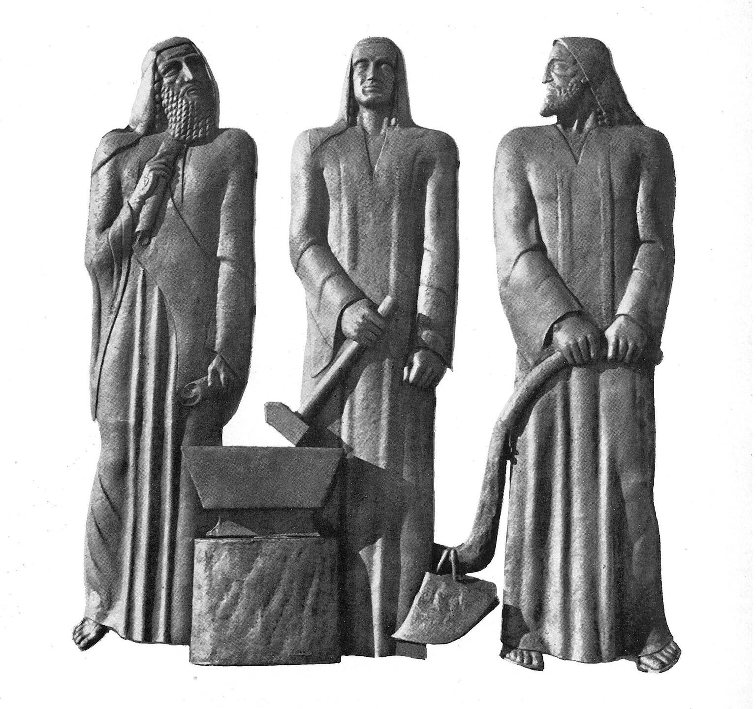 Copper relief sculpture depicting three hooded men. The one on the left holds a scroll and has a long beard, the middle holds a hammer, and the right holds a hand plow and has a short beard. 