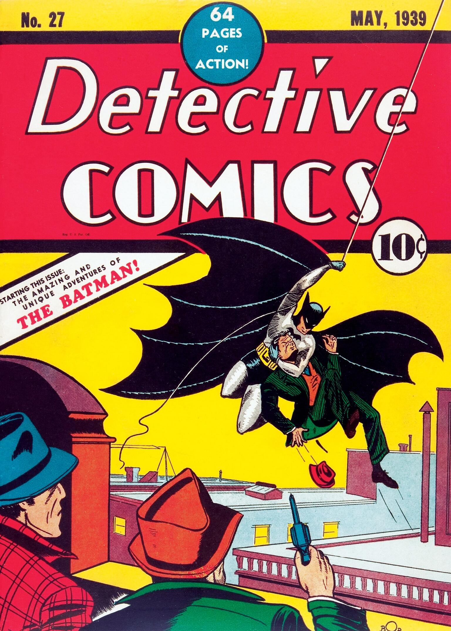 Cover page of comic featuring man with bat wings outstretched swinging through the air over buildings with a villain under his arm as two detectives watch, and heading "Detective Comics" across the top.