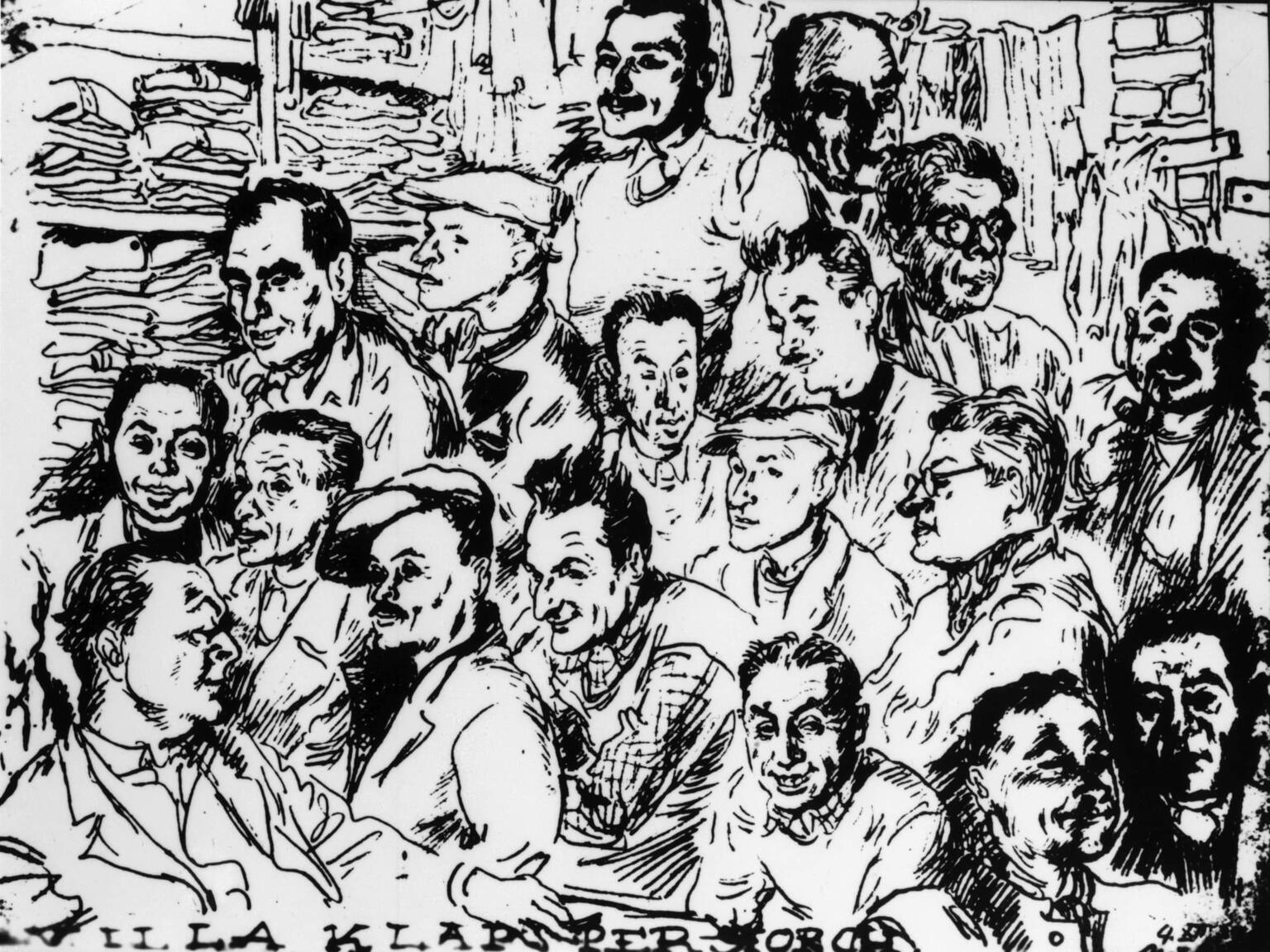 Line drawing of the faces of men and women close together in a cramped room. Line drawing of the faces of men and women close together in a cramped room.