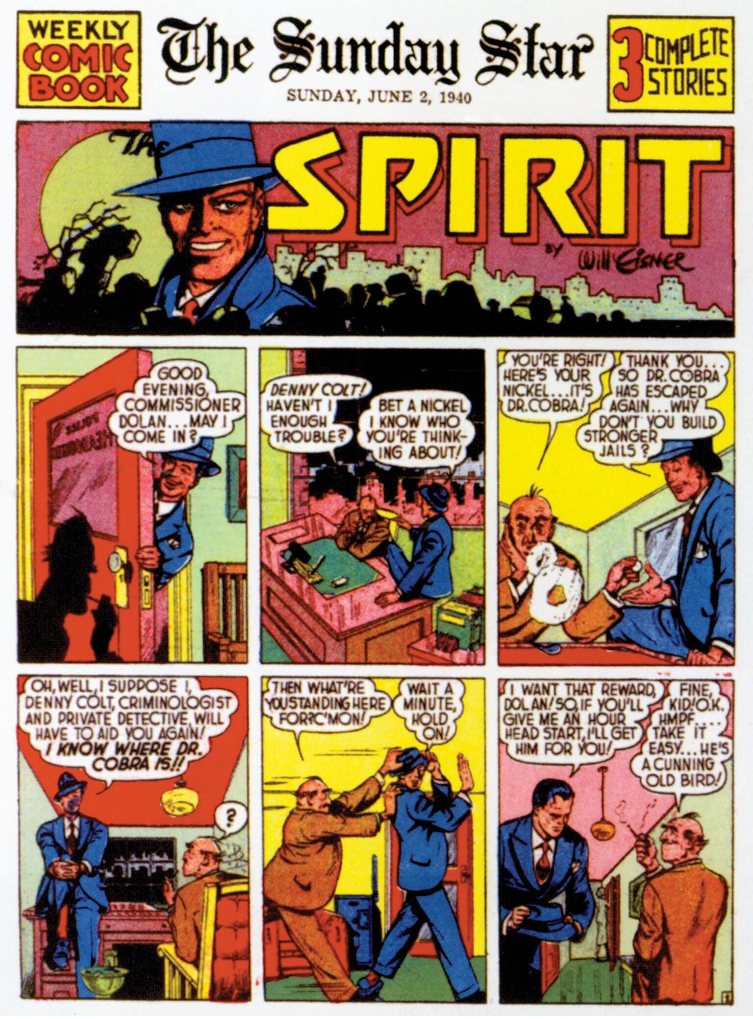 Newstrip comic with two rows of headings across the top, and two rows of three comic panels each with image and English text in bubbles, featuring man in suit speaking to another man in an office. Newstrip comic with two rows of headings across the top, and two rows of three comic panels each with image and English text in bubbles, featuring man in suit speaking to another man in an office.