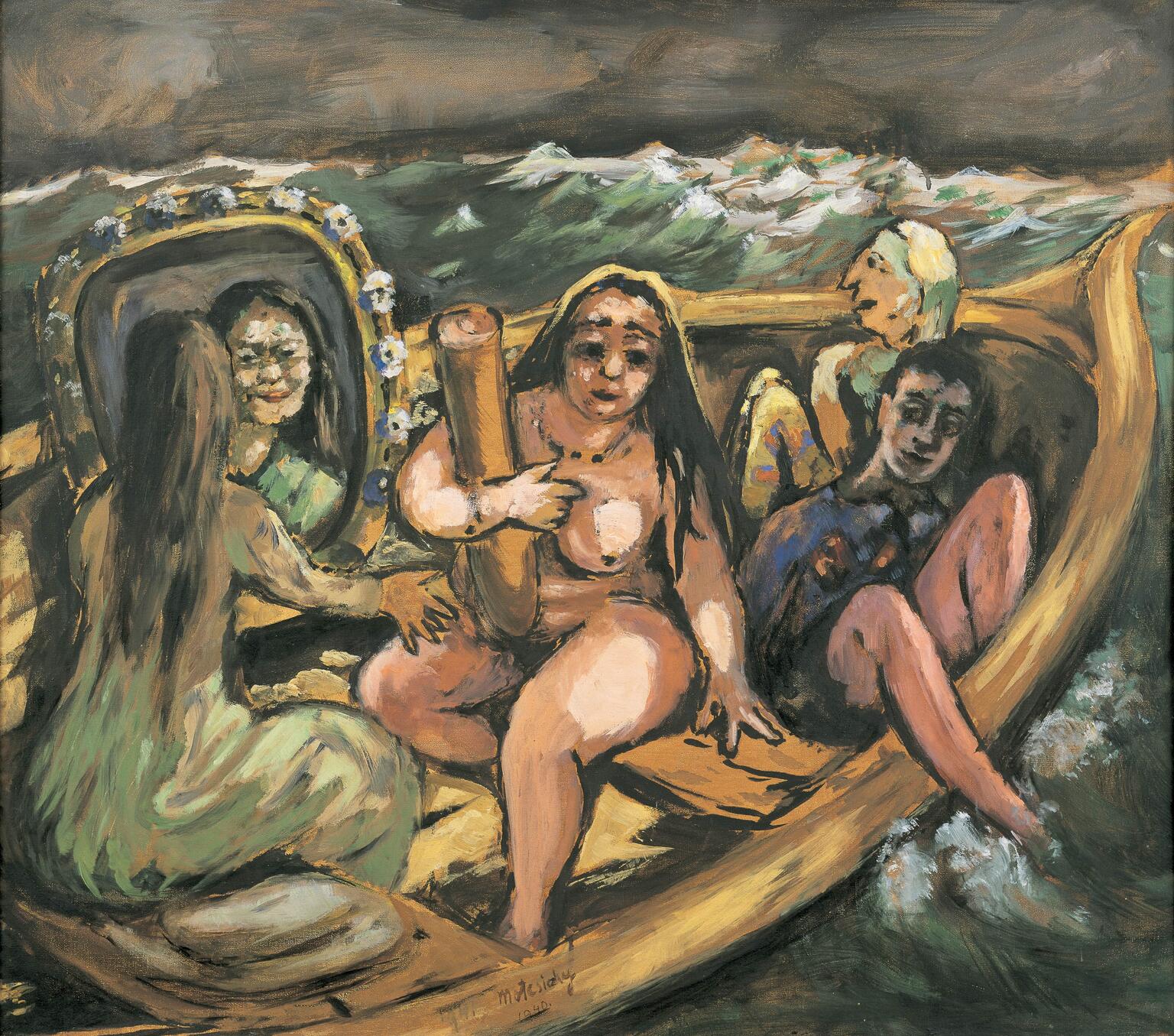 Painting of four people in a boat at sea featuring a nude woman in center and a woman holding a mirror and looking at her reflection on the left.