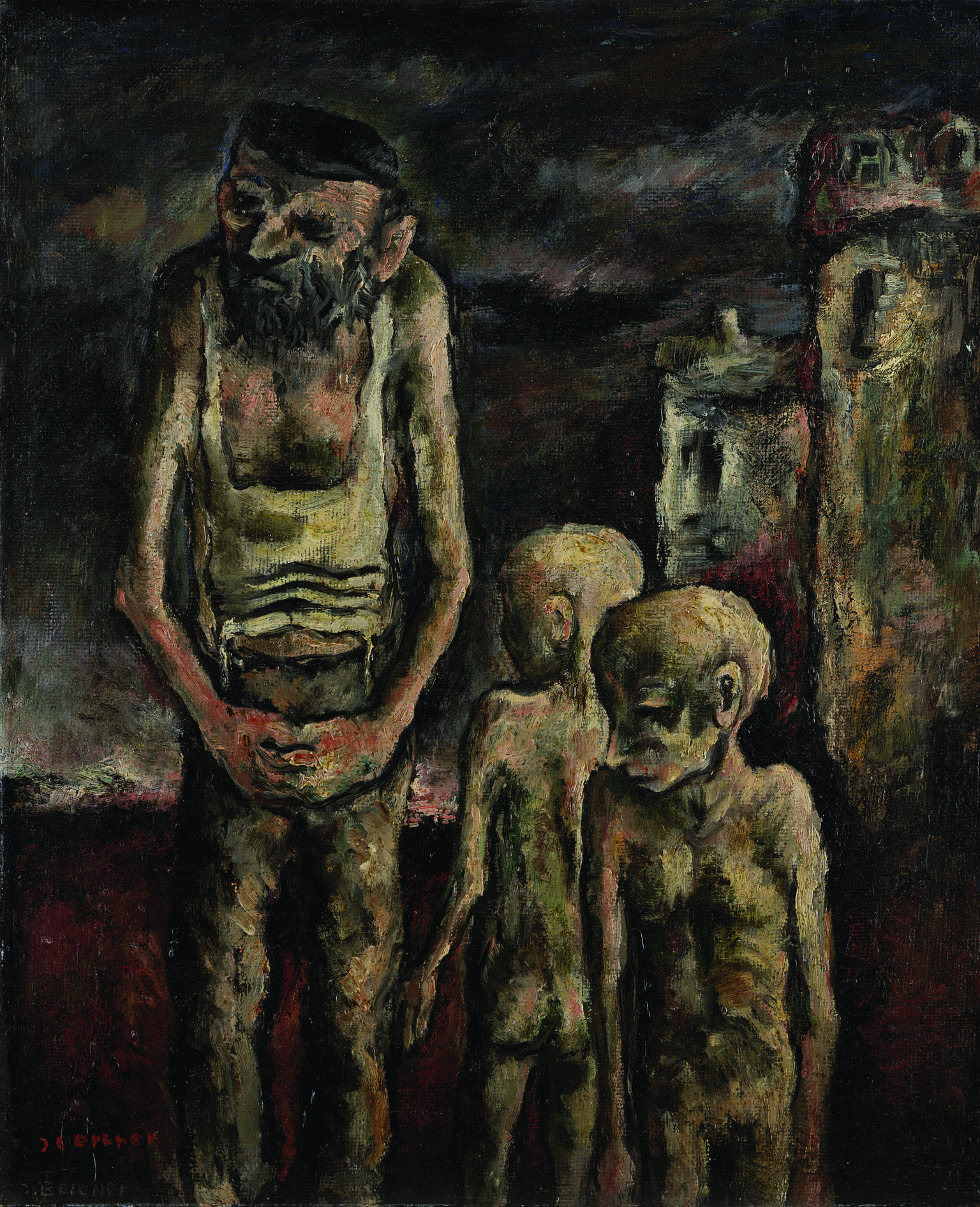Painting of emaciated father with beard gazing to his right while his two nude and emaciated young sons stand next to him. Background is dark. Painting of emaciated father with beard gazing to his right while his two nude and emaciated young sons stand next to him. Background is dark.