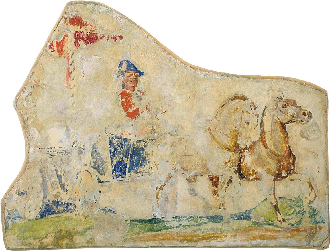 Portion of wall fresco depicting carriage, carriage driver, and two horses. Portion of wall fresco depicting carriage, carriage driver, and two horses.