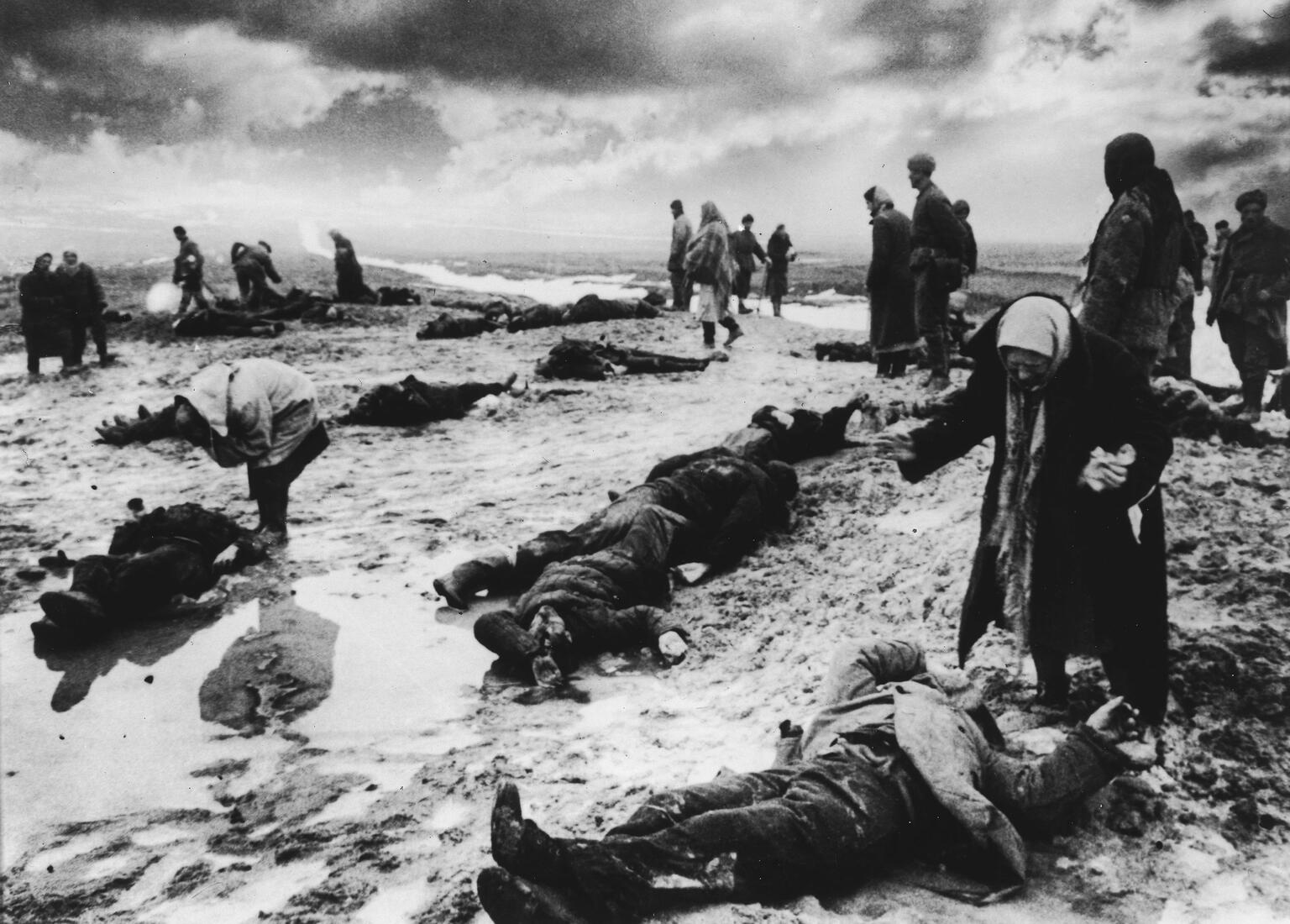 Photograph of people standing in a field upon which lie dead bodies.