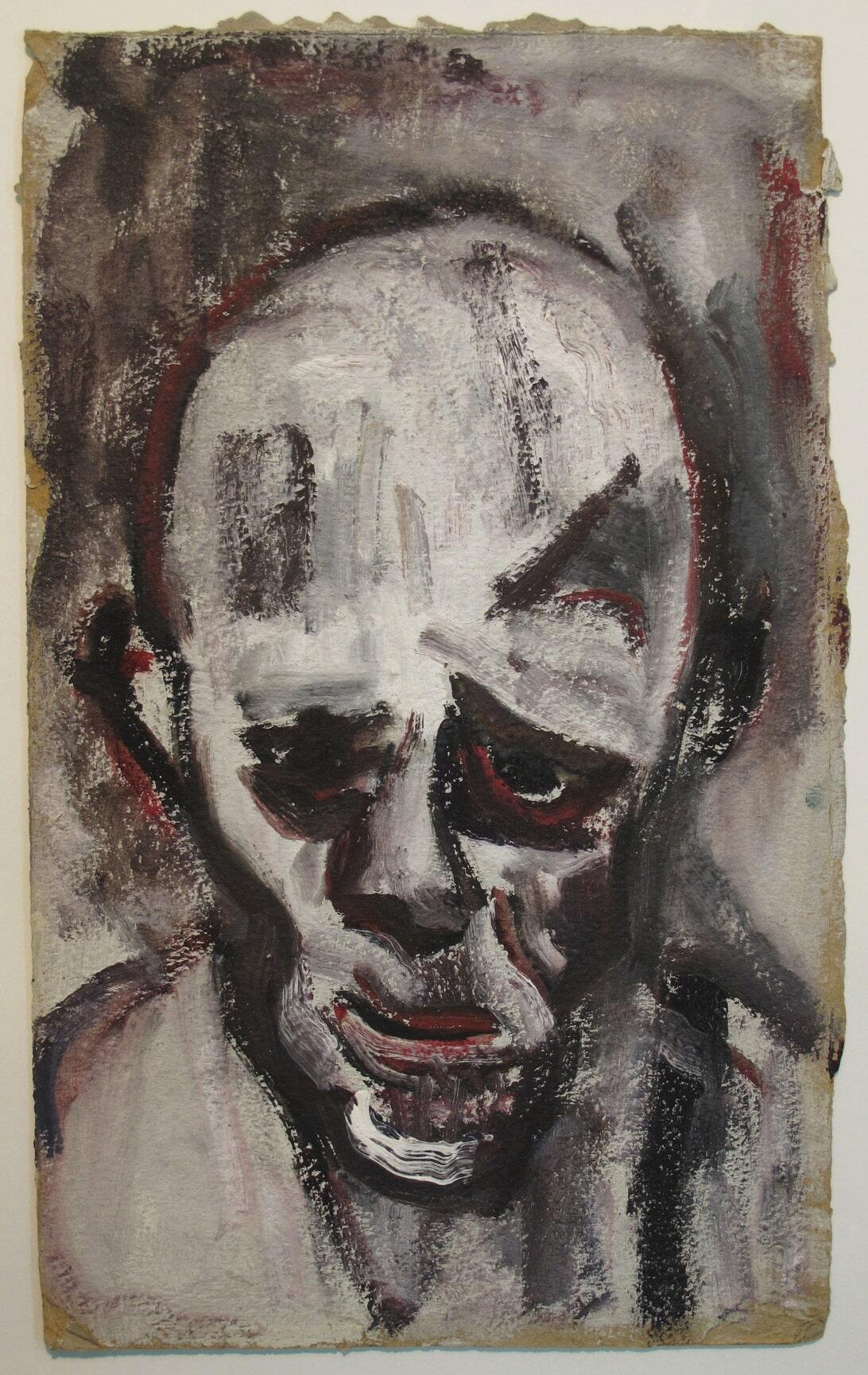 Portrait painting of a bald man, whose face looks gaunt and injured, looking at the viewer. Portrait painting of a bald man, whose face looks gaunt and injured, looking at the viewer.