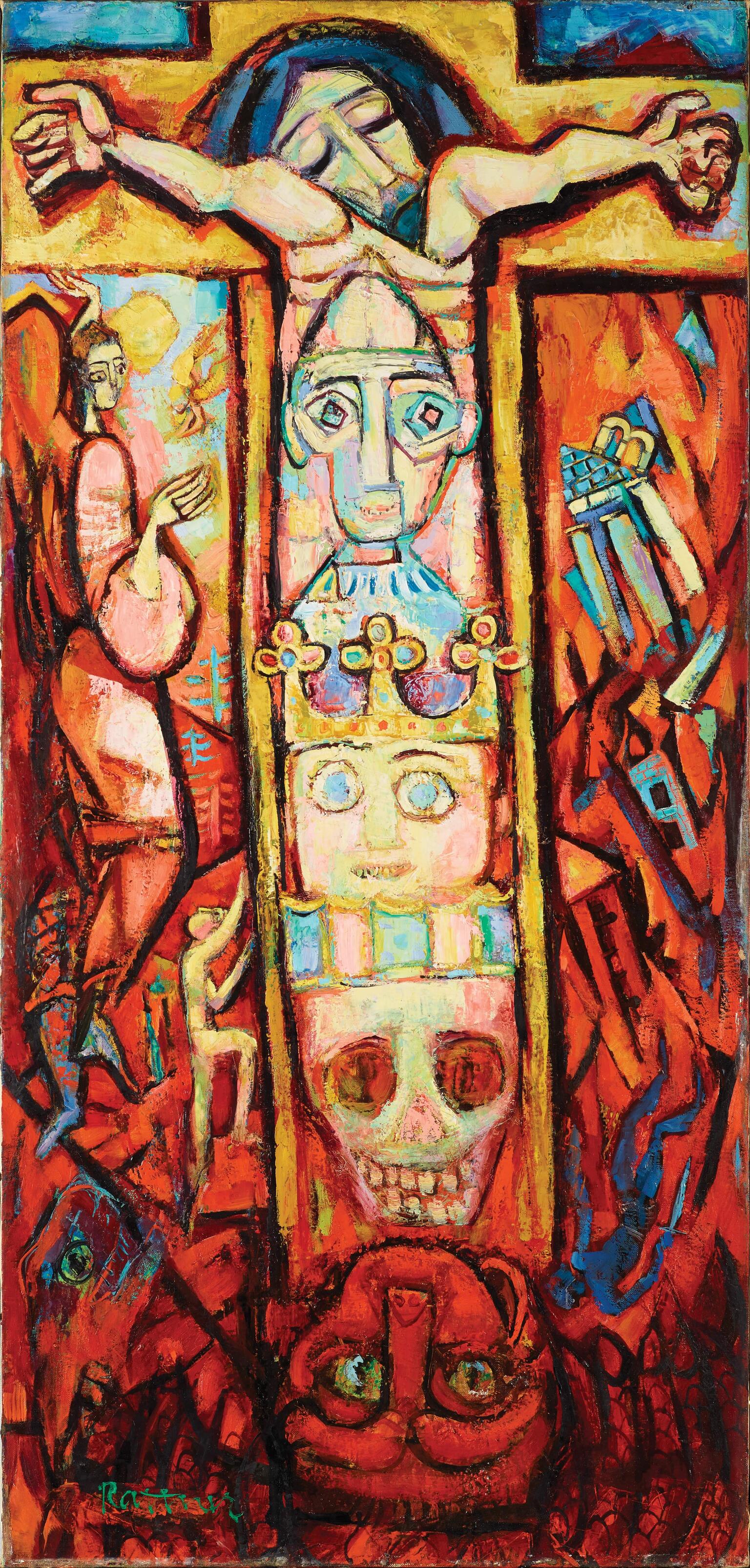 Abstract painting of crucifix featuring four faces aligned to the vertical line of the cross: the devil at the bottom, then a skull, two human faces, and Jesus at the top, an angel to the left and human figures and structures around the cross.