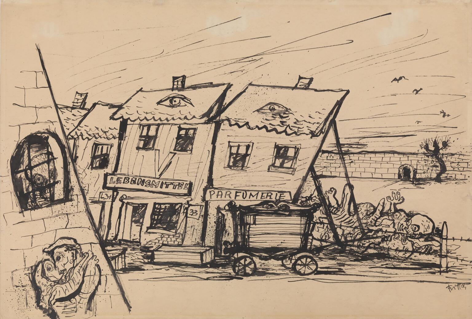 Sketch of storefronts next to a pile of corpses and brick wall and a couple is kissing against a wall in left foreground.