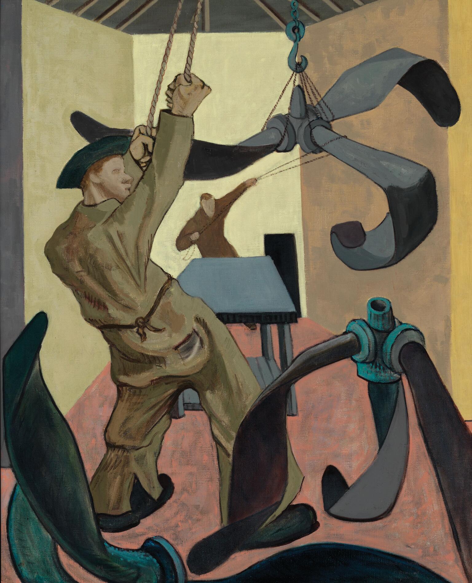 Painting of a man in uniform pulling on ropes to lift a propeller, surrounded by other propellers, as another man performs the same action in the background. Painting of a man in uniform pulling on ropes to lift a propeller, surrounded by other propellers, as another man performs the same action in the background.