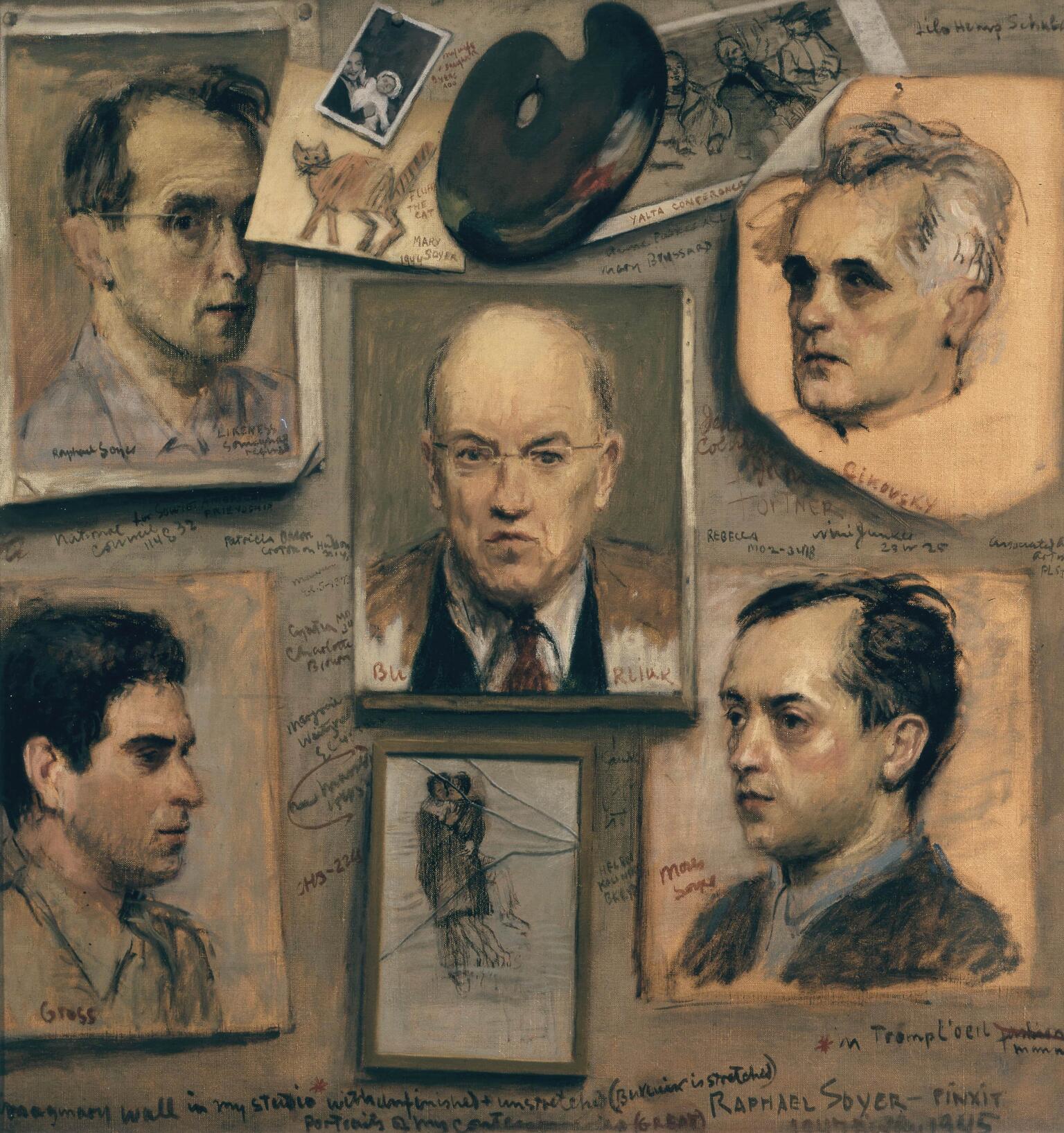 Painting of wall on which hang six portraits and handwritten text in a circle, with a small picture, a palette, and drawing of a cat at the top. Painting of wall on which hang six portraits and handwritten text in a circle, with a small picture, a palette, and drawing of a cat at the top.
