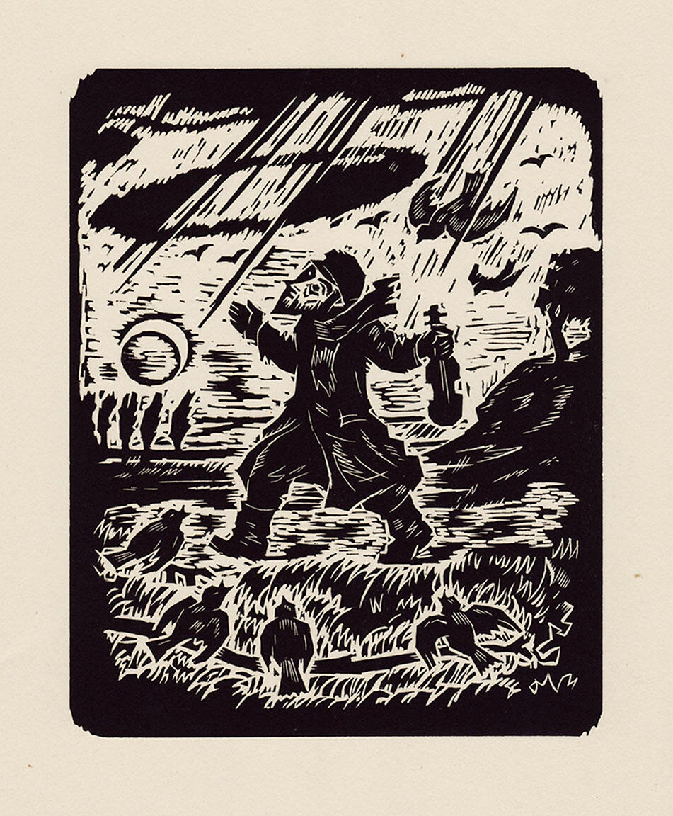 Woodblock print of man holding violin and walking through field. 