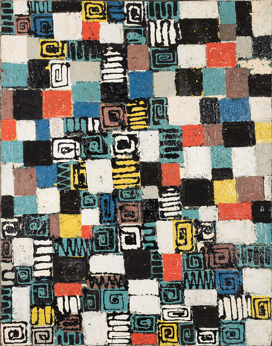Abstract painting of grid with squares containing spirals, lines, and geometric designs. Abstract painting of grid with squares containing spirals, lines, and geometric designs.