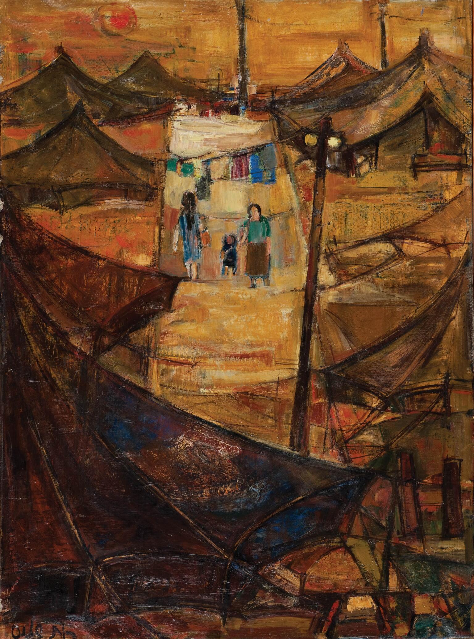 Abstract painting of camp with many tents and a luminous rectangular area in middle featuring three figures including a mother and child and a clothesline between the tents.