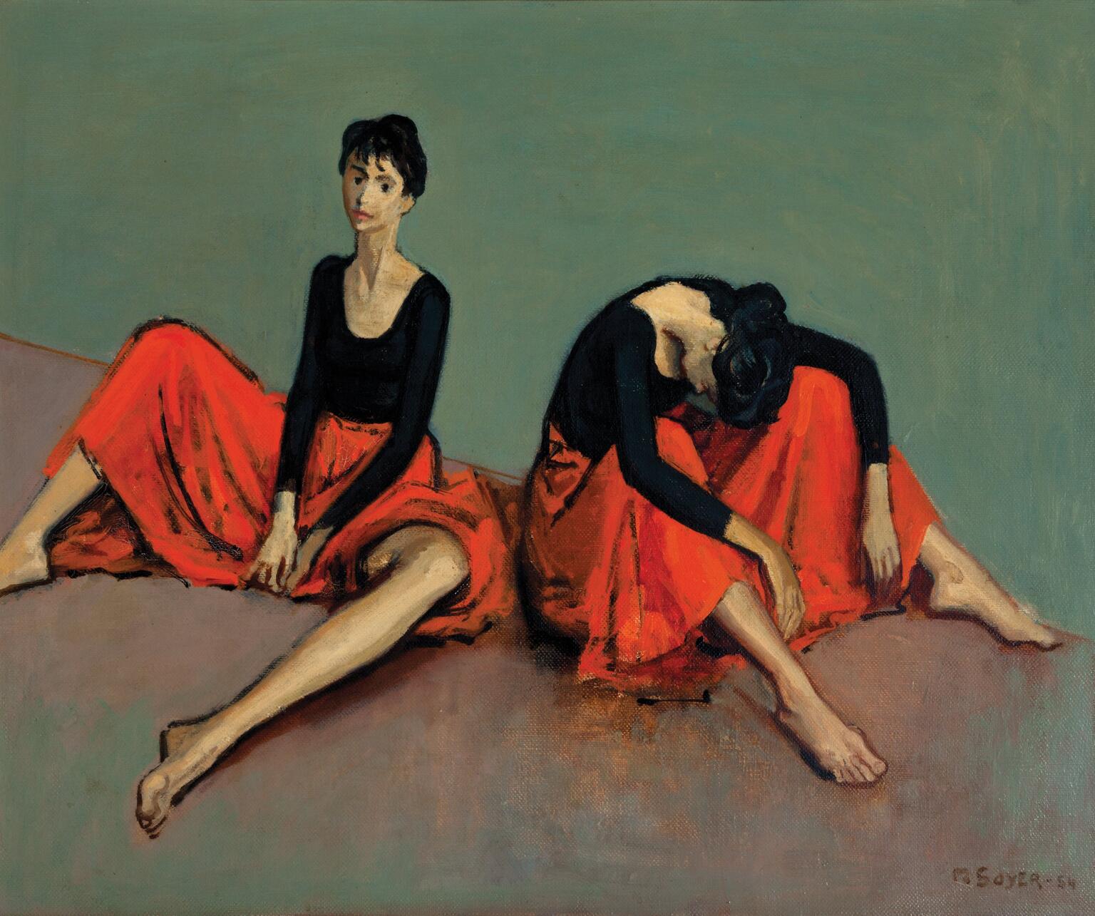 Painting of two female dancers in skirts seated with their knees slightly bent facing the viewer, one with head dropped and the other sitting up. Painting of two female dancers in skirts seated with their knees slightly bent facing the viewer, one with head dropped and the other sitting up.