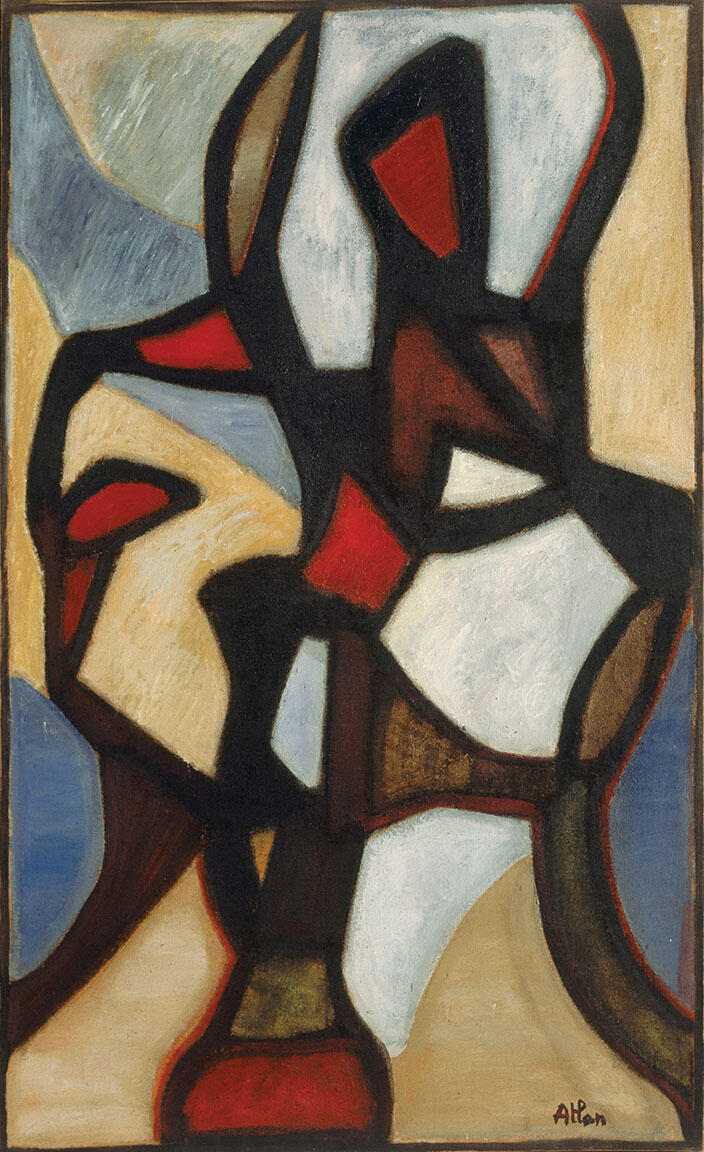 Abstract painting featuring thick lines and blocks of color.