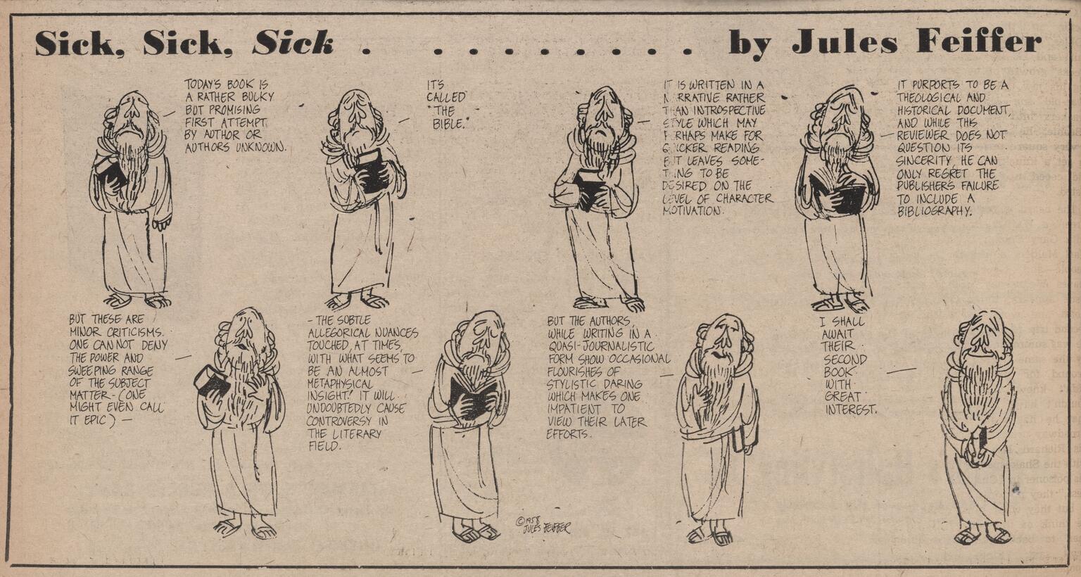 Comic strip with eight images of the same bearded man in robes with text next to each version of him.