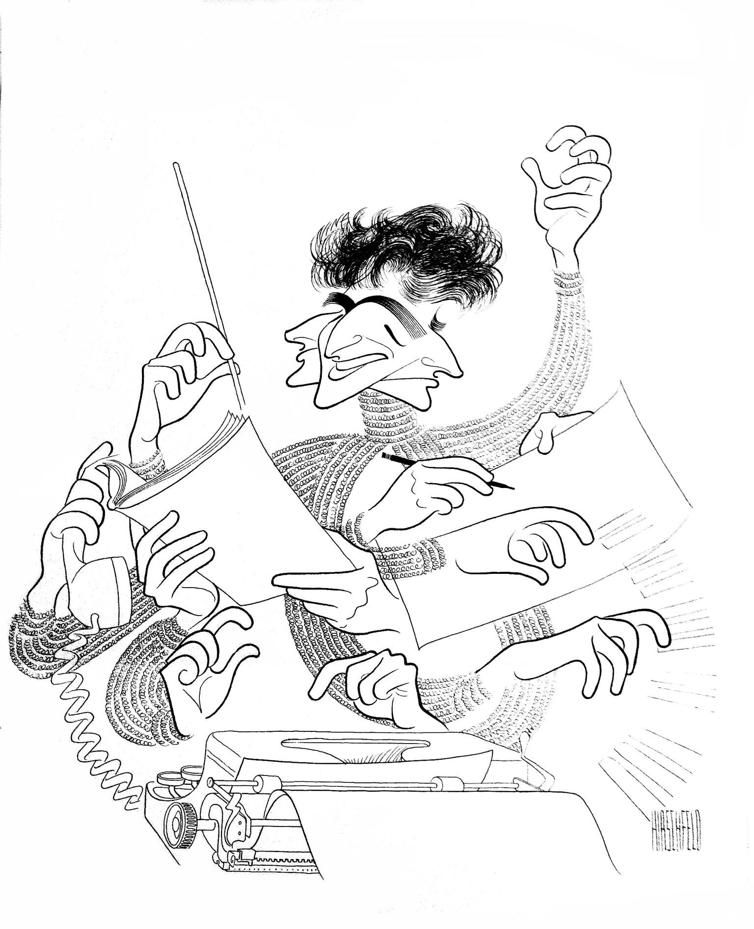 Cartoon drawing of man with three heads and many hands reaching in different directions, the hands in center typing on a large typewriter, a hand to the left holding a conducting baton, another hand holding a phone, and a hand to the right holding a pen. 