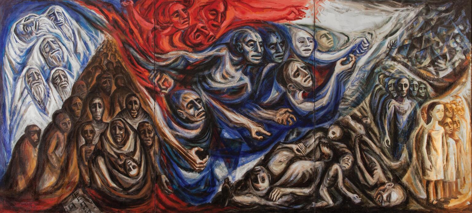 Abstract painting divided into eight sections, filled with bodies contorted, cramped together, and organically morphing into one another. Abstract painting divided into eight sections, filled with bodies contorted, cramped together, and organically morphing into one another.