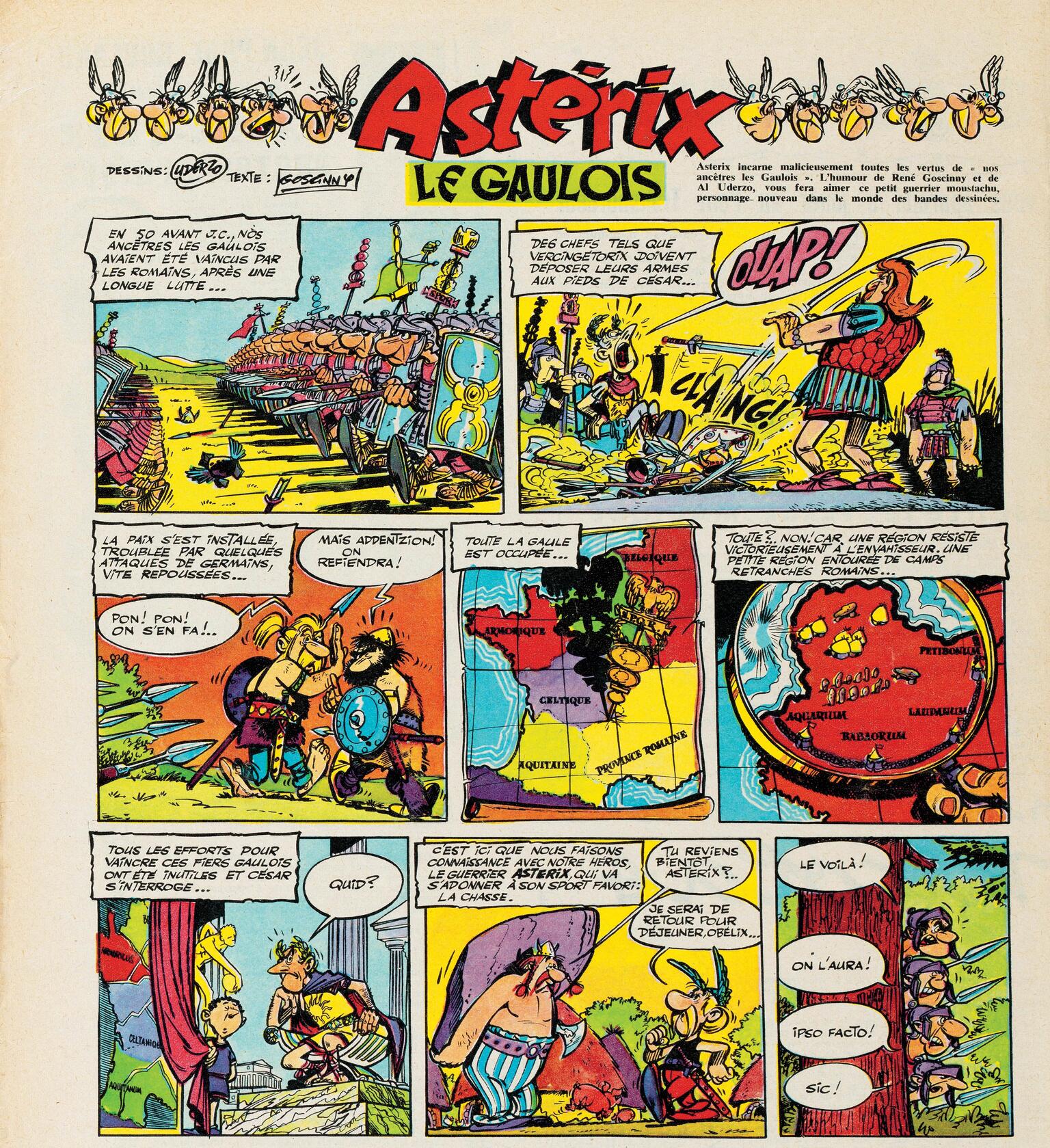 Comic strip featuring a title and heading across the top in French, and eight panels of comics below. The comics portray warriors, a man against several opponents, two warriors, a stylized map of France, a map of enemy tents, a warrior on a chair interrupted by a boy, two warriors talking, and four warriors talking while hiding behind a tree.