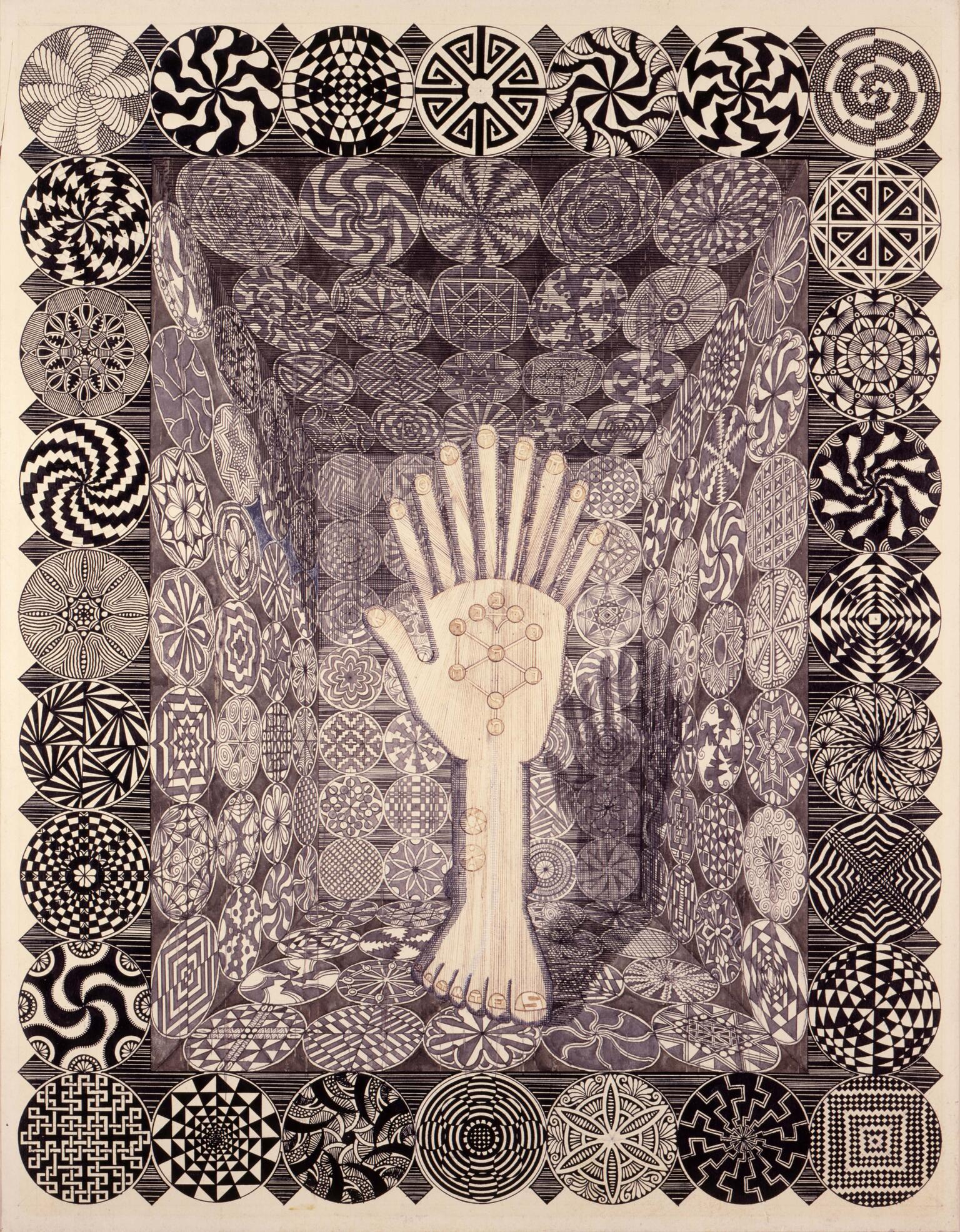 Drawing of a nine-fingered hand with a tree of ten circles on palm connected to a foot and centered in concave room covered in circular spiral motifs.