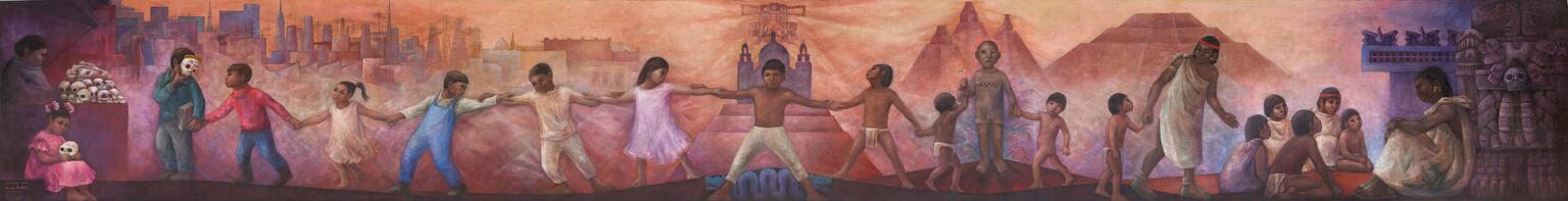 Mural featuring children holding hands, interspersed with adult figures, with modern city in background on left, ornate temples and mountains in background in center, and temples with cultic figures in background on right.