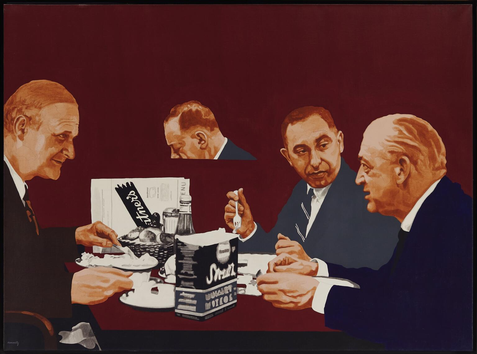 Painting featuring three men in suits sitting at a table in a restaurant eating and gesticulating. Painting featuring three men in suits sitting at a table in a restaurant eating and gesticulating.