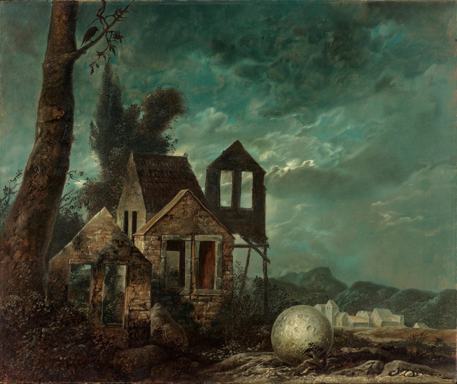 Surrealist painting depicting atmospheric dreamscape of house facades on the left side, next to a large tree and moon-like object on ground in the middle of the painting. 