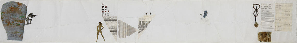 Mixed media collage and painting with a figure aiming a gun on the far left, a figure standing near hieroglyphs and triangular shapes in the middle, written notes on the far right, and other objects placed nearby. 