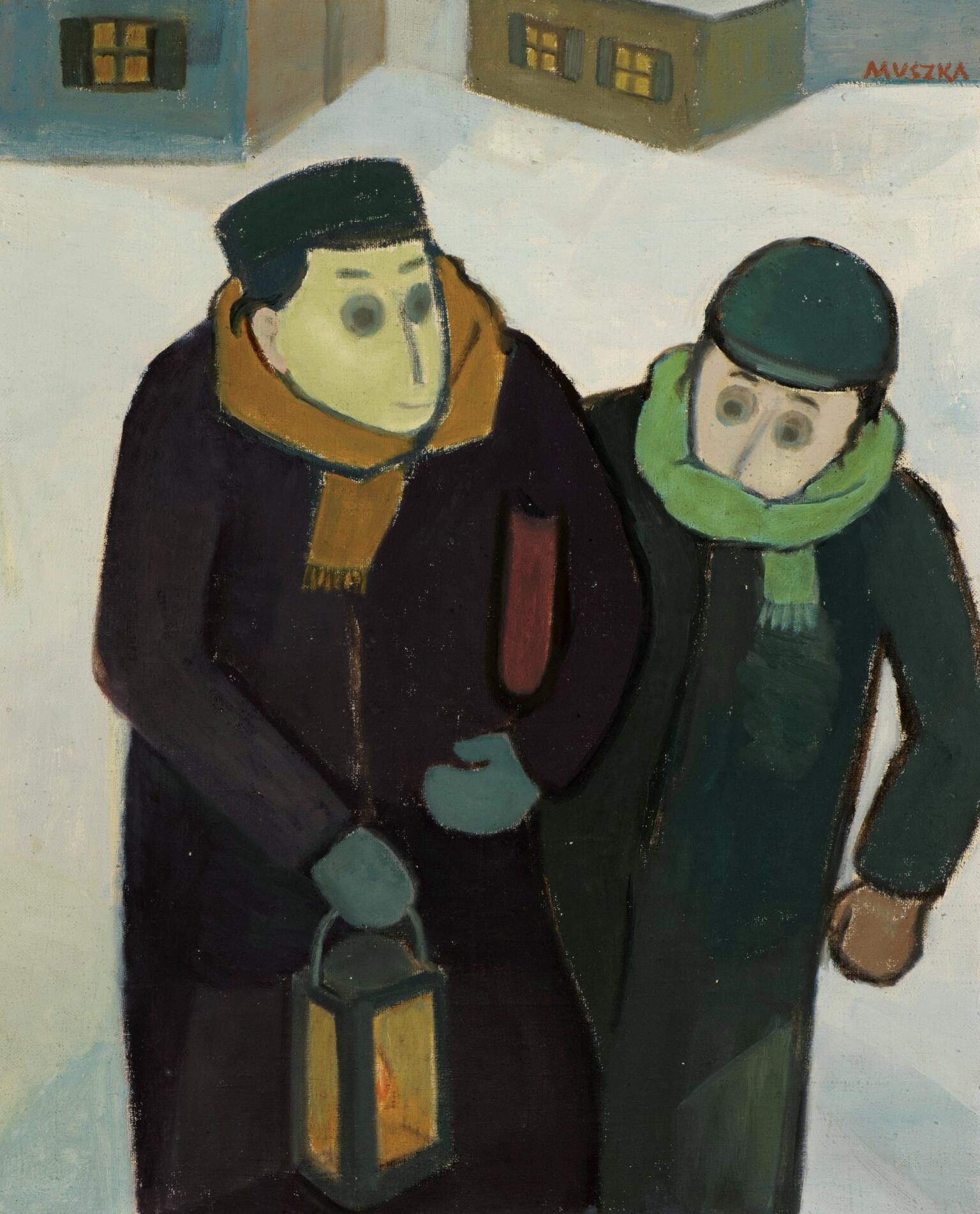 Painting of two men in winter clothes holding a lantern and walking through the snow, with two small buildings behind them.