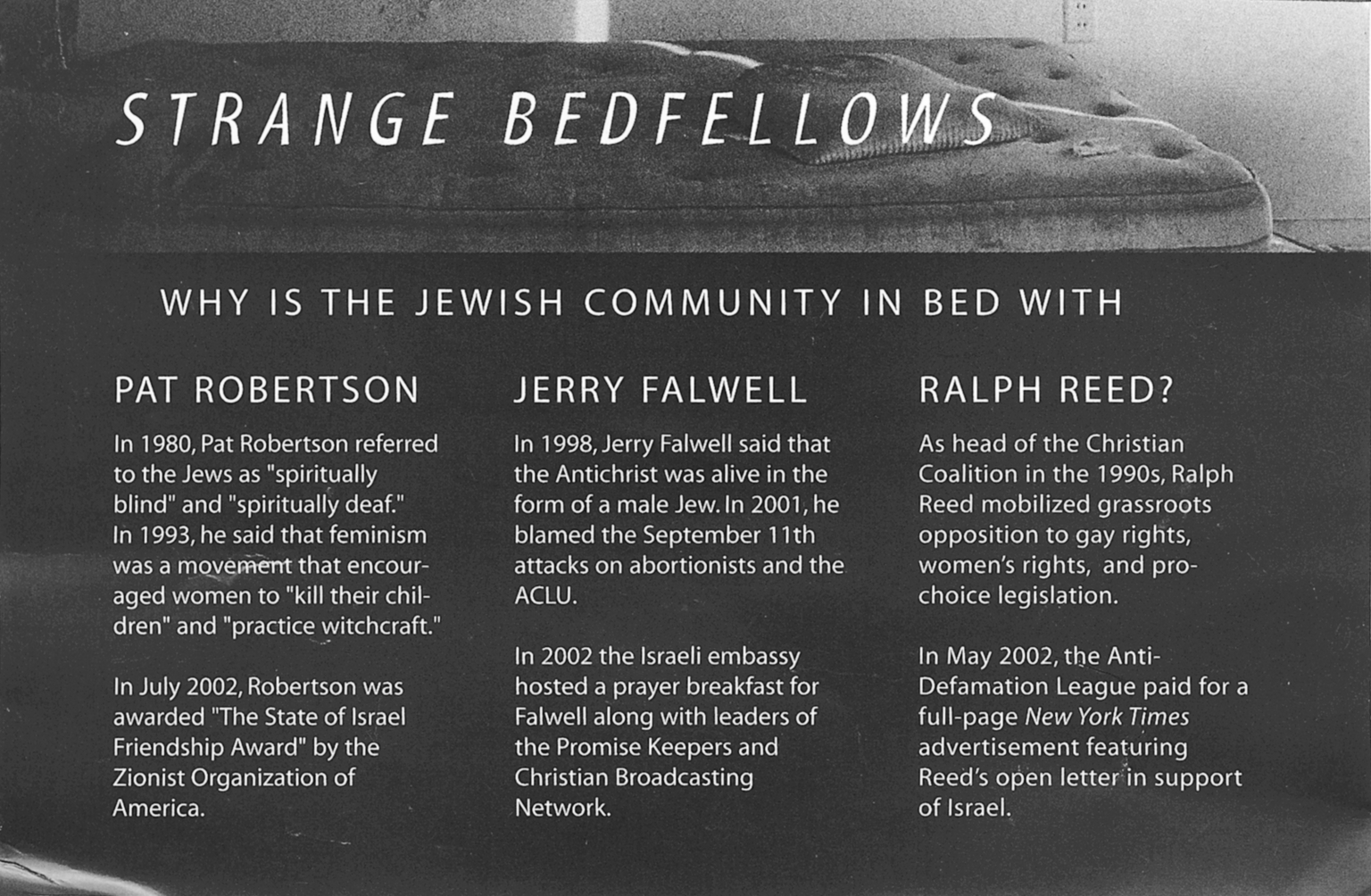 English text about the Jewish community in bed with several people, each of whom has a column of text, with the banner "Strange Bedfellows" across the top superimposed over an image of a mattress. English text about the Jewish community in bed with several people, each of whom has a column of text, with the banner "Strange Bedfellows" across the top superimposed over an image of a mattress.