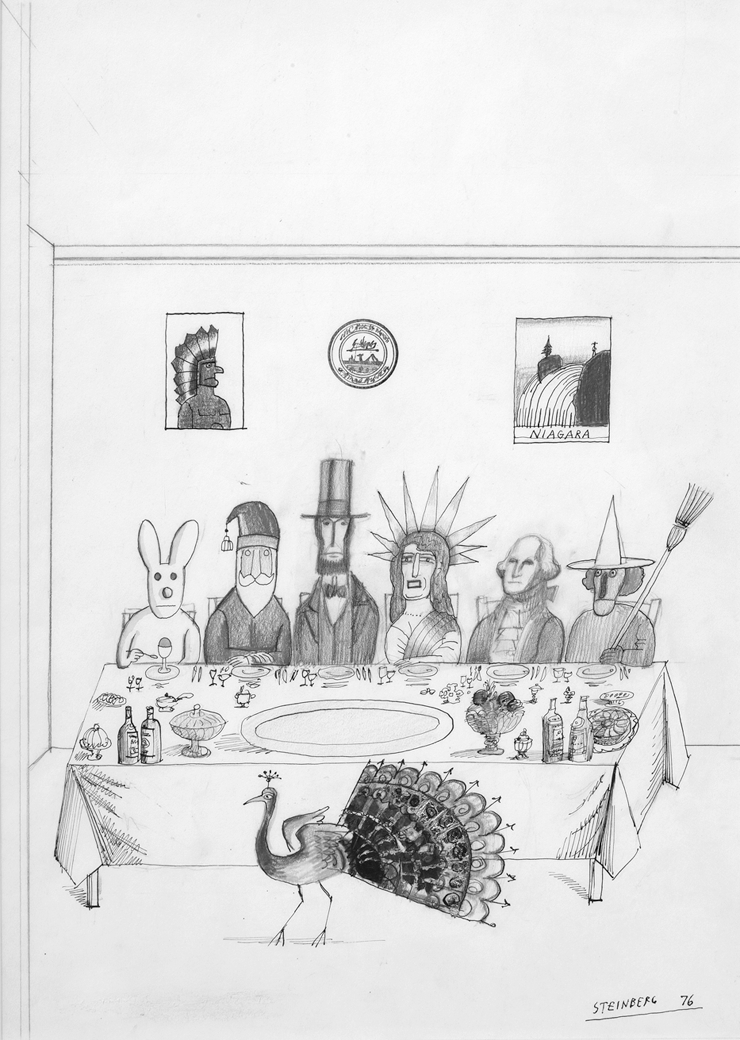 Peacock Thanksgiving Drawing of six figures sitting at the far side of a set table and a peacock on the near side.