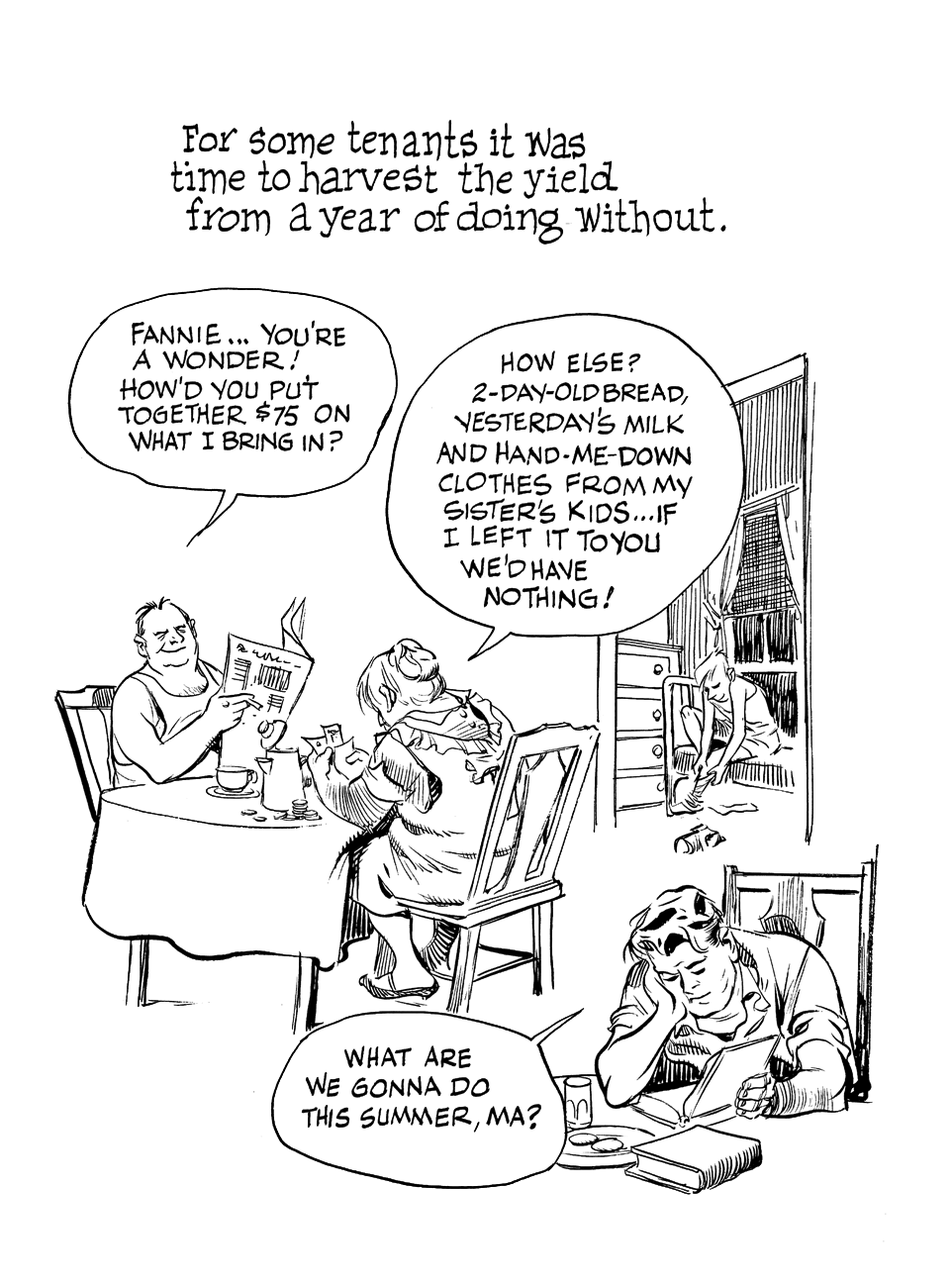 Comic book panel with English text at the top, and images of exterior of apartment building with laundry lines, and two women talking in speech bubbles. Comic book panel with English text at the top, and images of exterior of apartment building with laundry lines, and two women talking in speech bubbles.