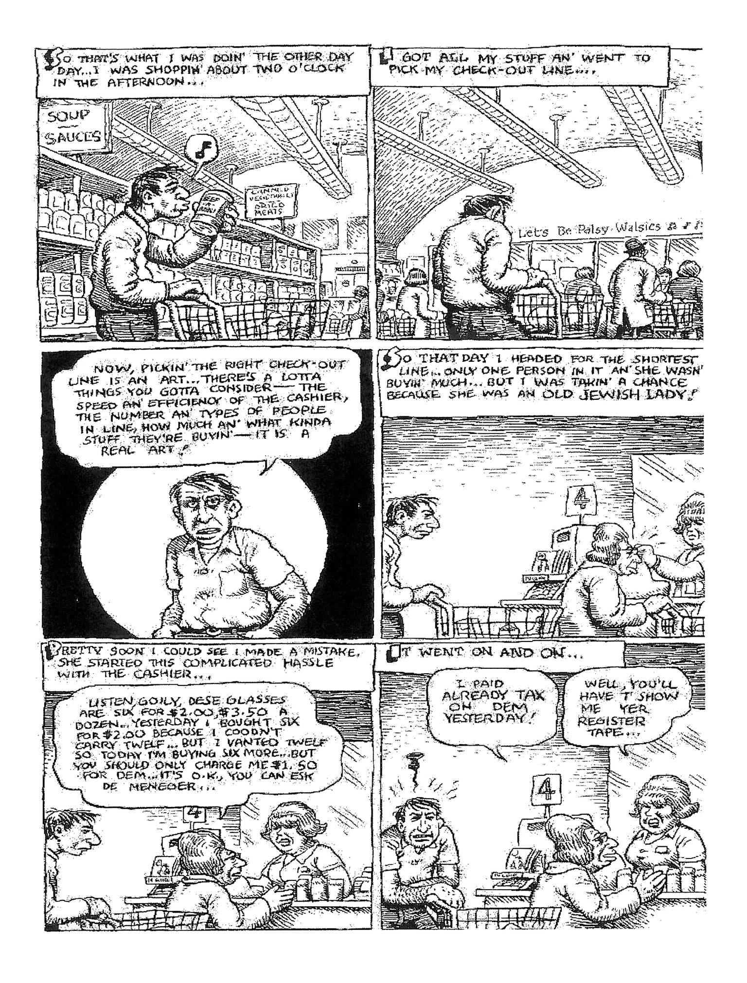 Comic book page split into six panels featuring man at the supermarket and English text describing picking a checkout line with an old lady in it. 