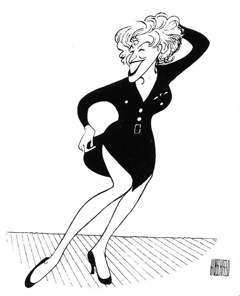 Bette Midler Drawing of smiling woman with high heels and dress, one hand on her head and one hand holding her skirt away from her bare legs.