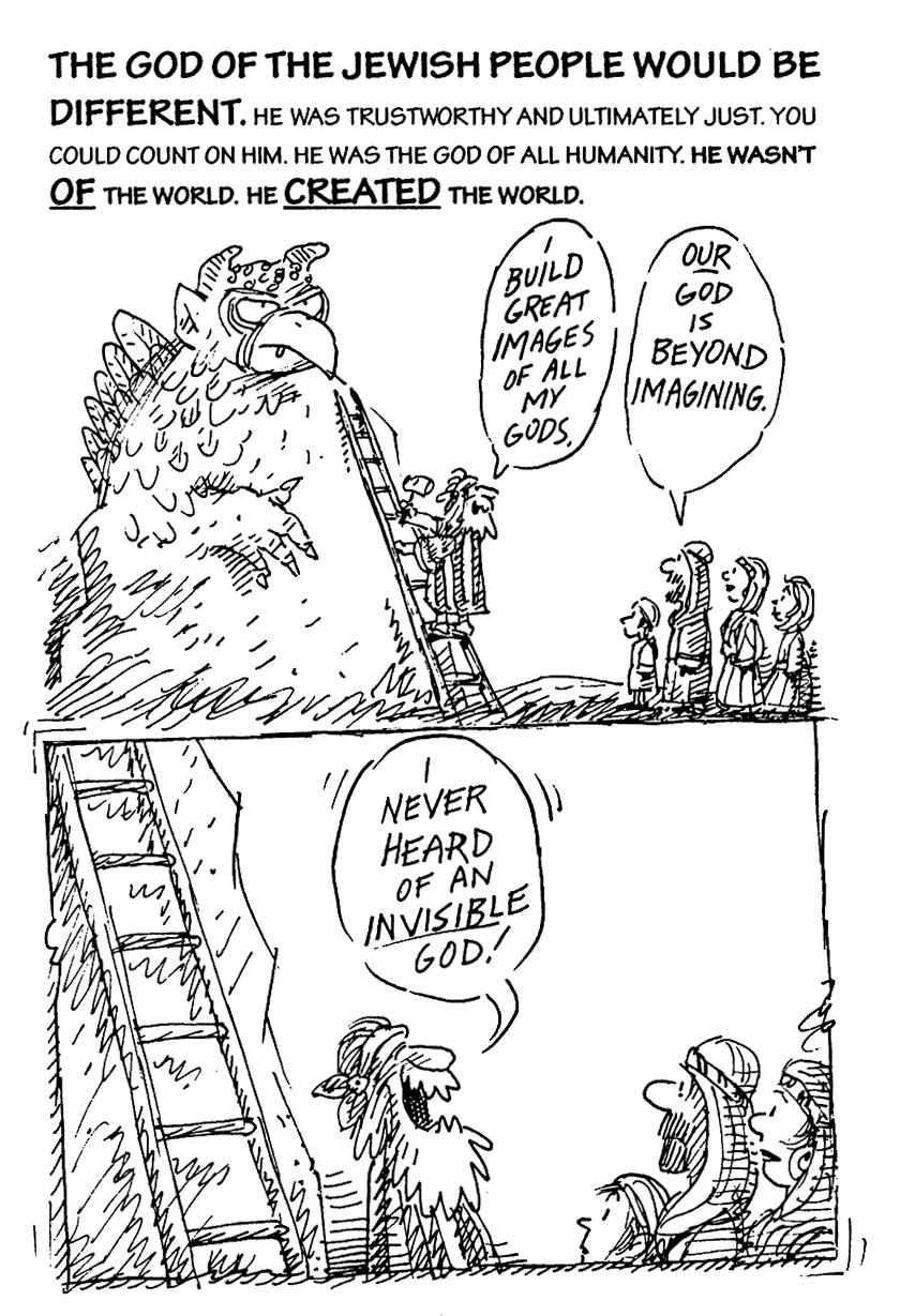Text about the Jewish god, above two drawings of someone on a ladder building a large beaked sculpture, next to several people.