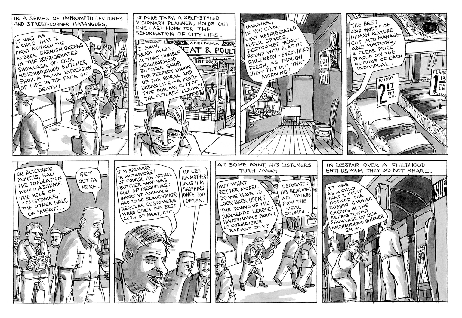 Comic separated into 8 panels featuring man on street corner giving lecture about butcher shops and iniquity to passers-by. 