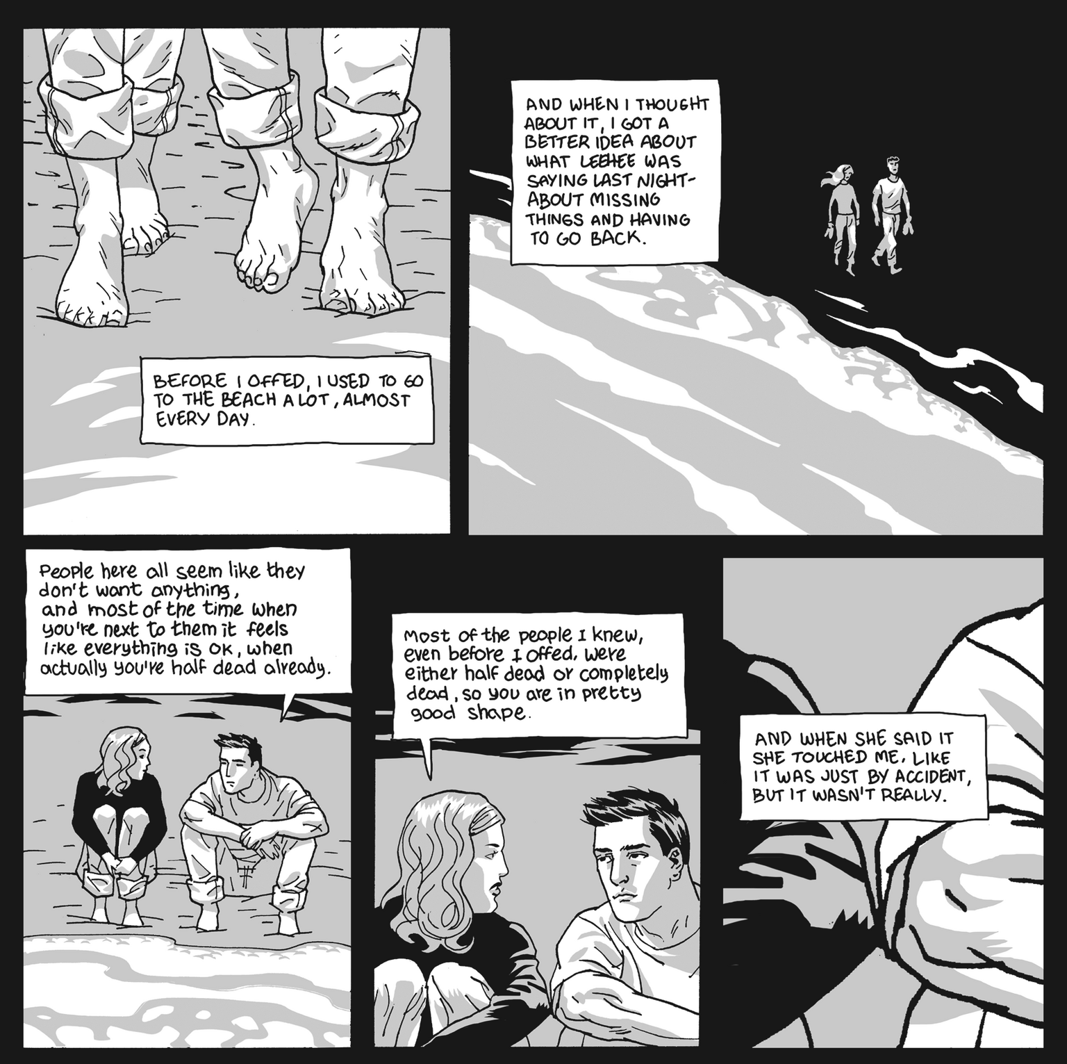 Comic separated into five panels  with two figures walking and sitting, and English text describing the beach and building a connection with others. 