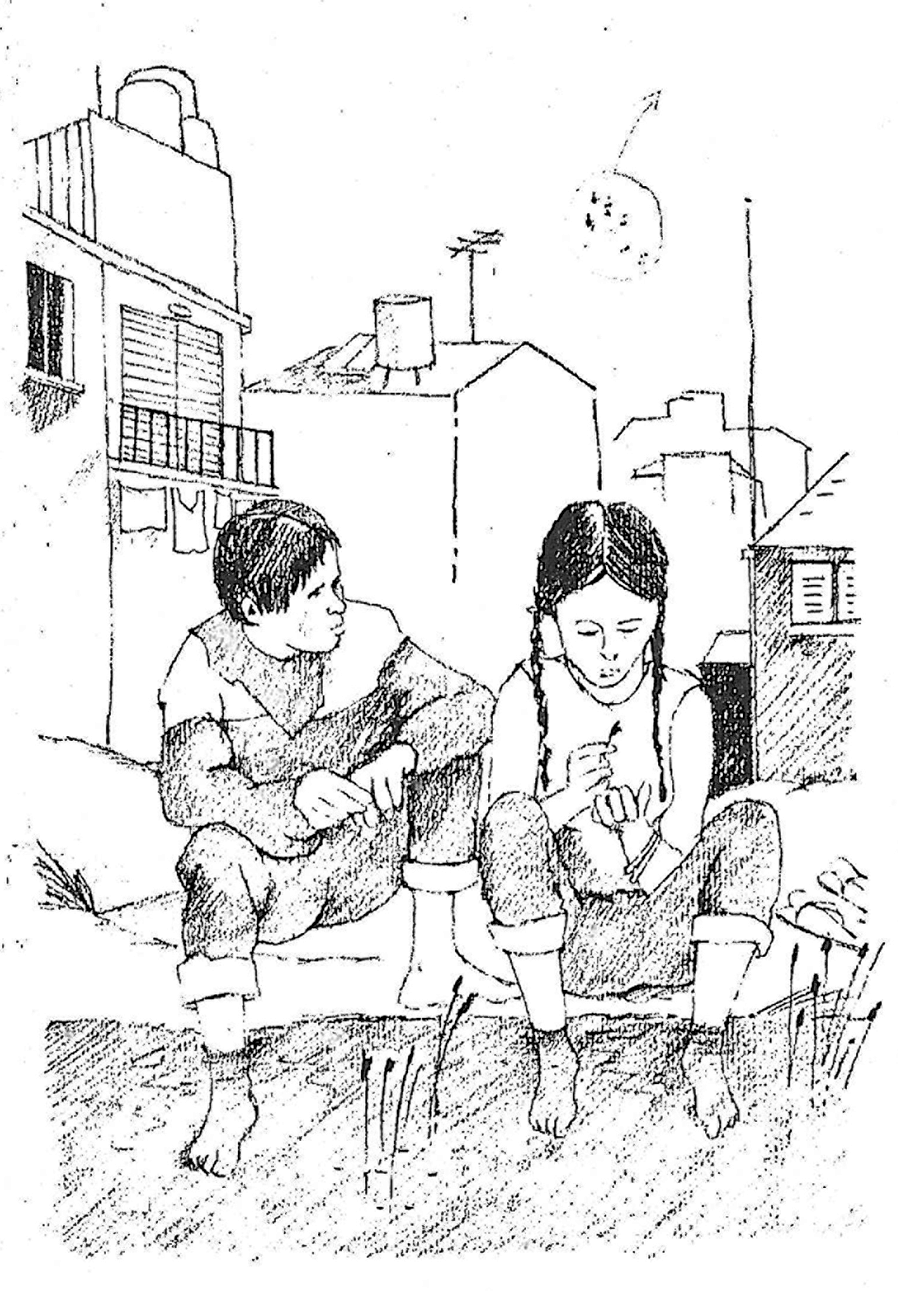 Drawing of two young people sitting with their feet in a body of water, with city street in background. 