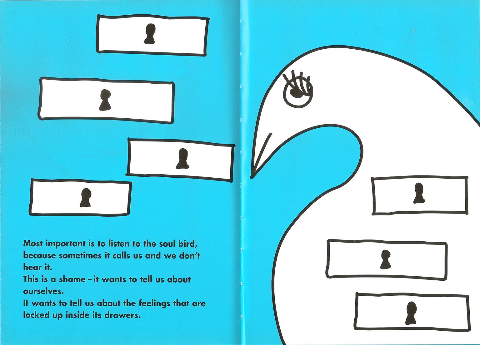 Image of bird surrounded by rectangular boxes and English text on bottom left of page describing the soul bird. Image of bird surrounded by rectangular boxes and English text on bottom left of page describing the soul bird.