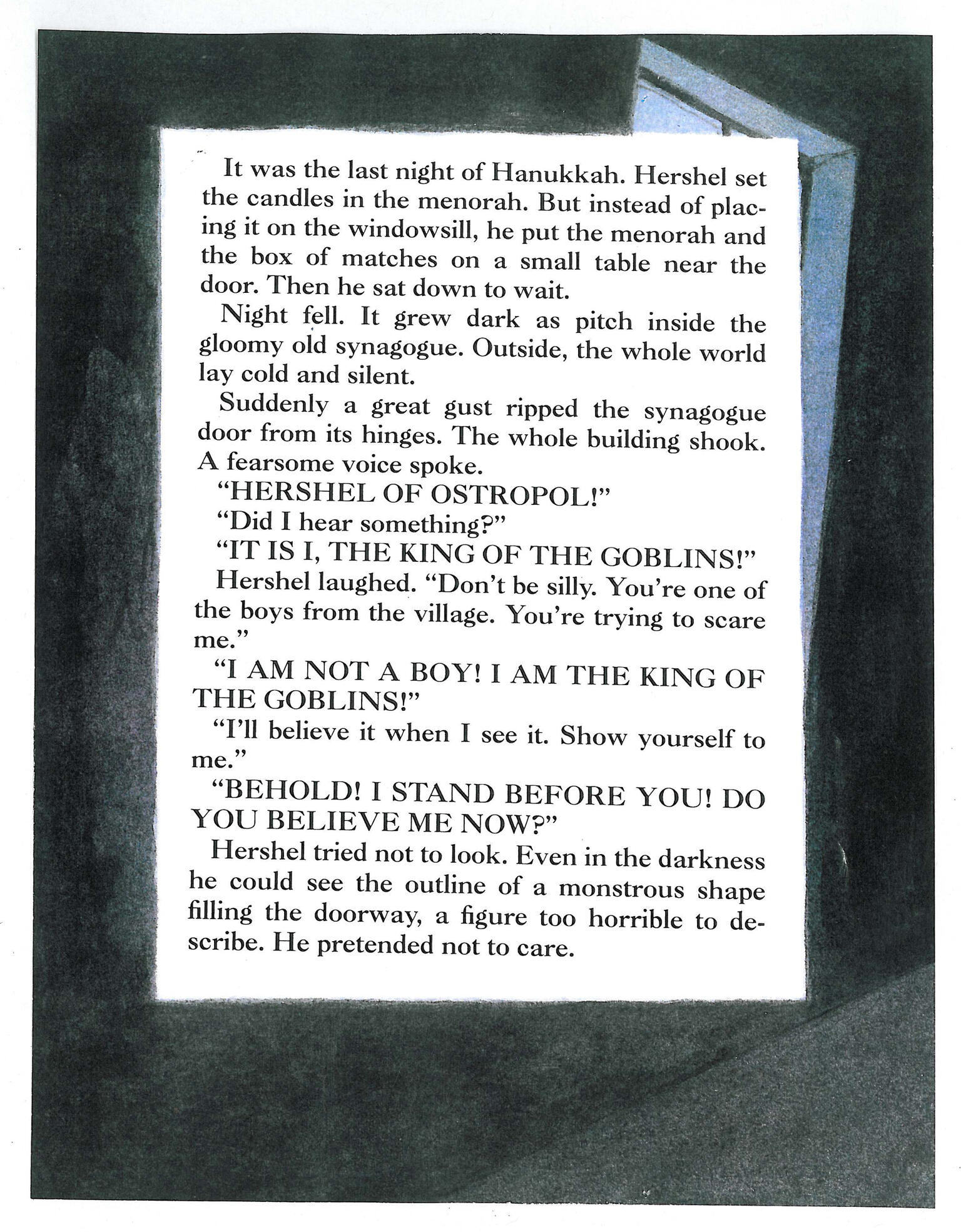 Drawing of window with page of English text over it, about man waiting in synagogue with menorah and candles until monstrous figure arrives. 