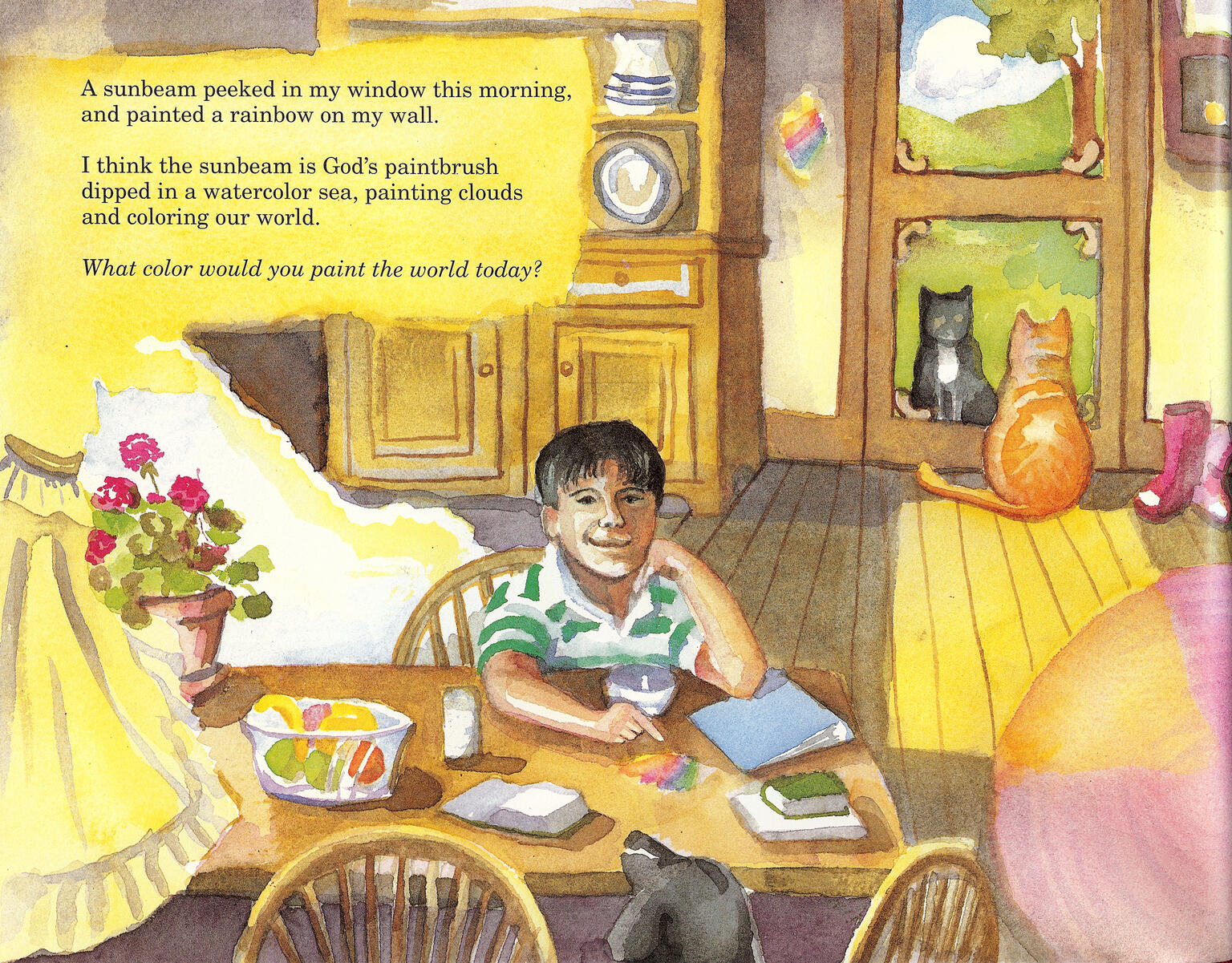 Painting of child sitting at a kitchen table filled with books and objects, with doorway with cats sitting on either side in the background, and English text above that describes the colors of nature. 