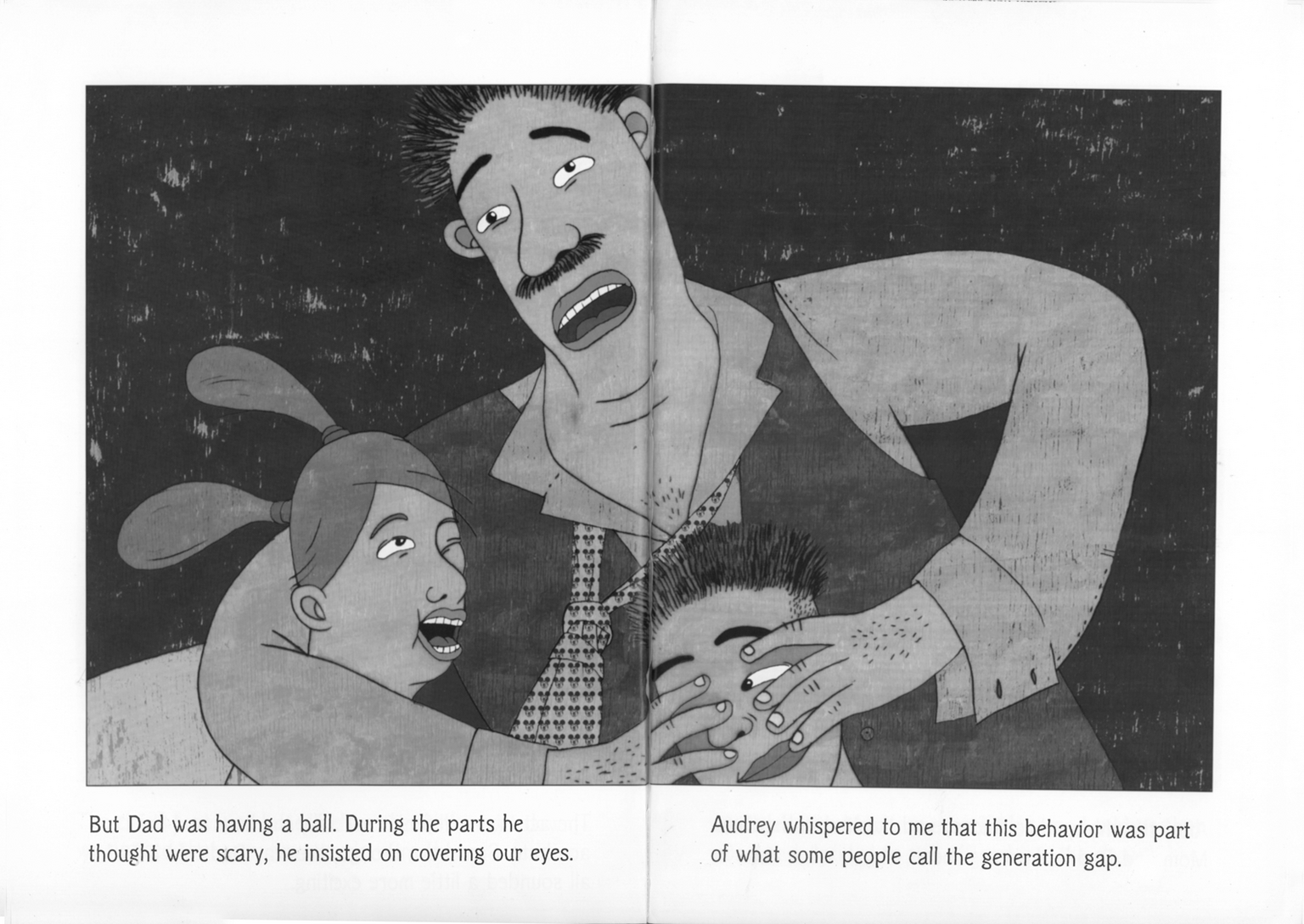 Drawing of moustached-man hugging two children. Drawing of moustached-man hugging two children.