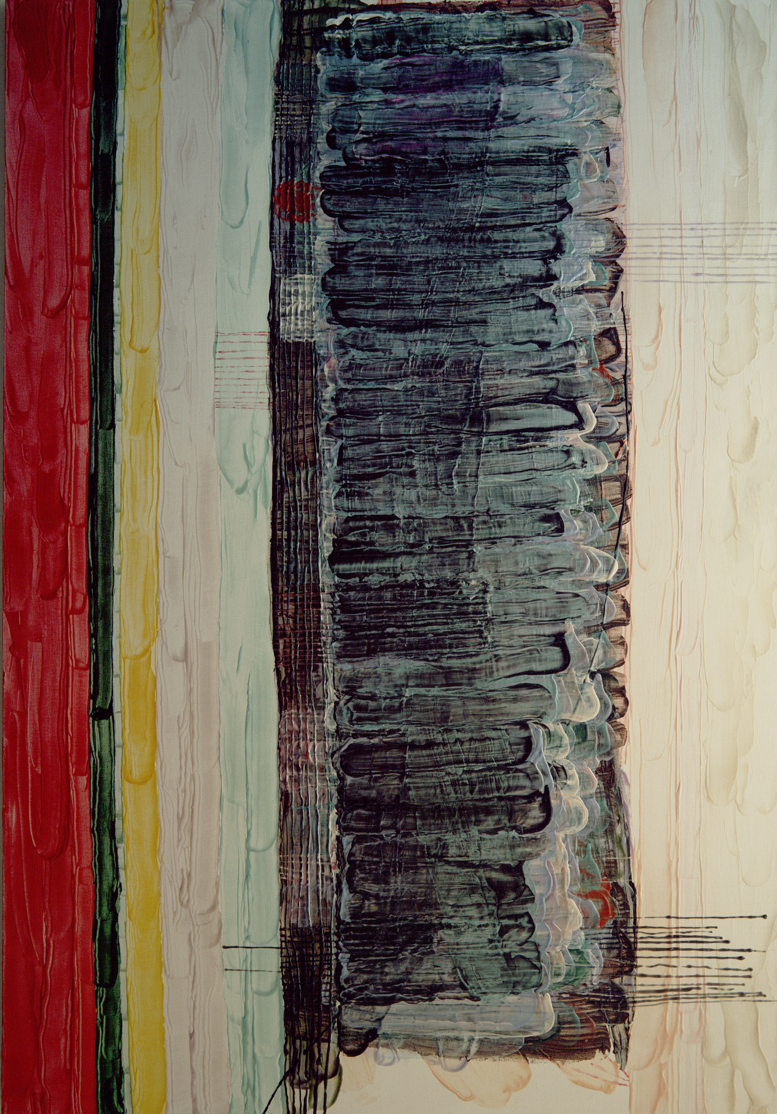 Abstract painting featuring thick vertical bands of color.