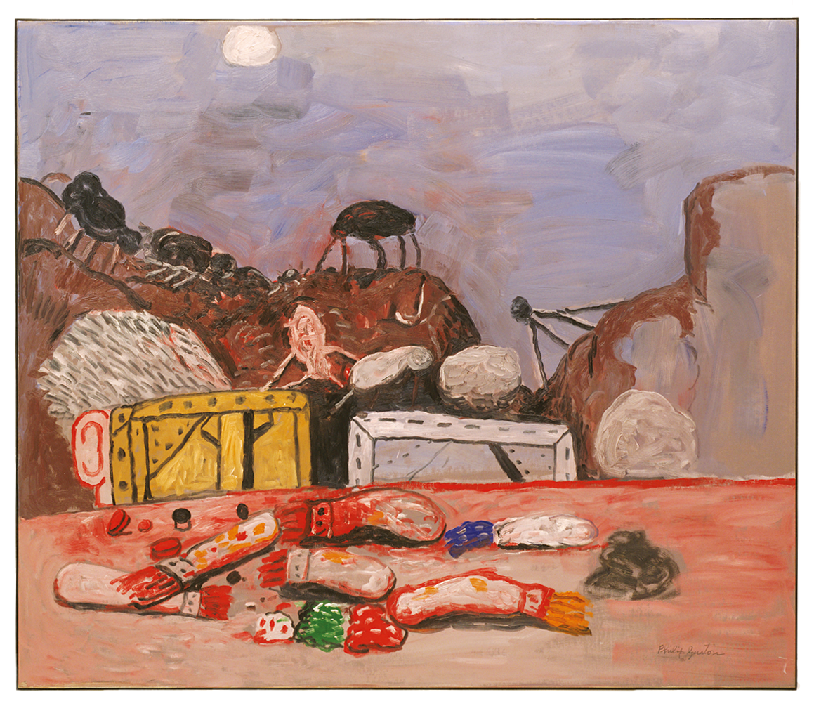 Abstract landscape painting featuring a face covered by a canvas behind a table covered with paintbrushes, with hills of barren landscape and geometric shapes in background.