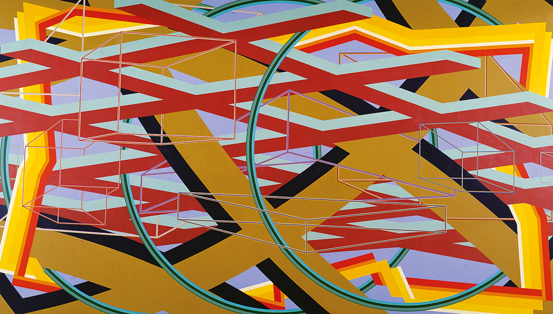 Painting featuring interlocking 3-D shapes. 