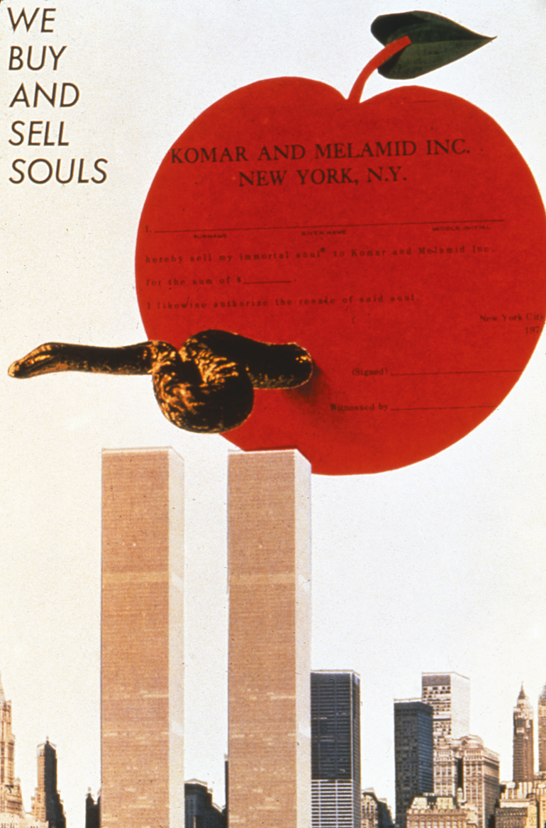Poster of giant apple with worm hovering over two twin skyscrapers and smaller skyscrapers and English text on the left reading, "We Buy and Sell Souls." Poster of giant apple with worm hovering over two twin skyscrapers and smaller skyscrapers and English text on the left reading, "We Buy and Sell Souls."