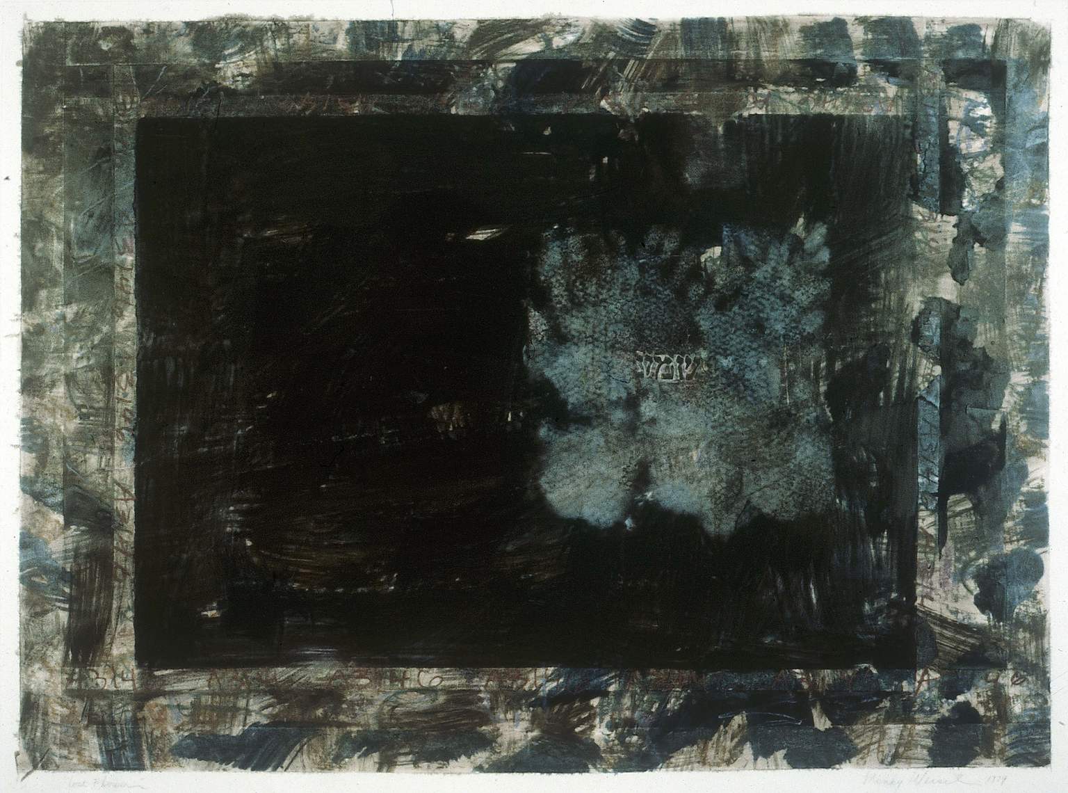 Painting with thick border of abstract flower with hand shapes and Hebrew word in its center.