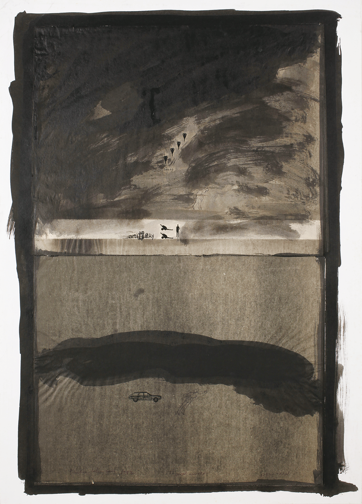 Abstract drawing depicting a small, sillhouetted human figure next to the word "artillery" in the middle and darker shaded bottom half with a car underneath.