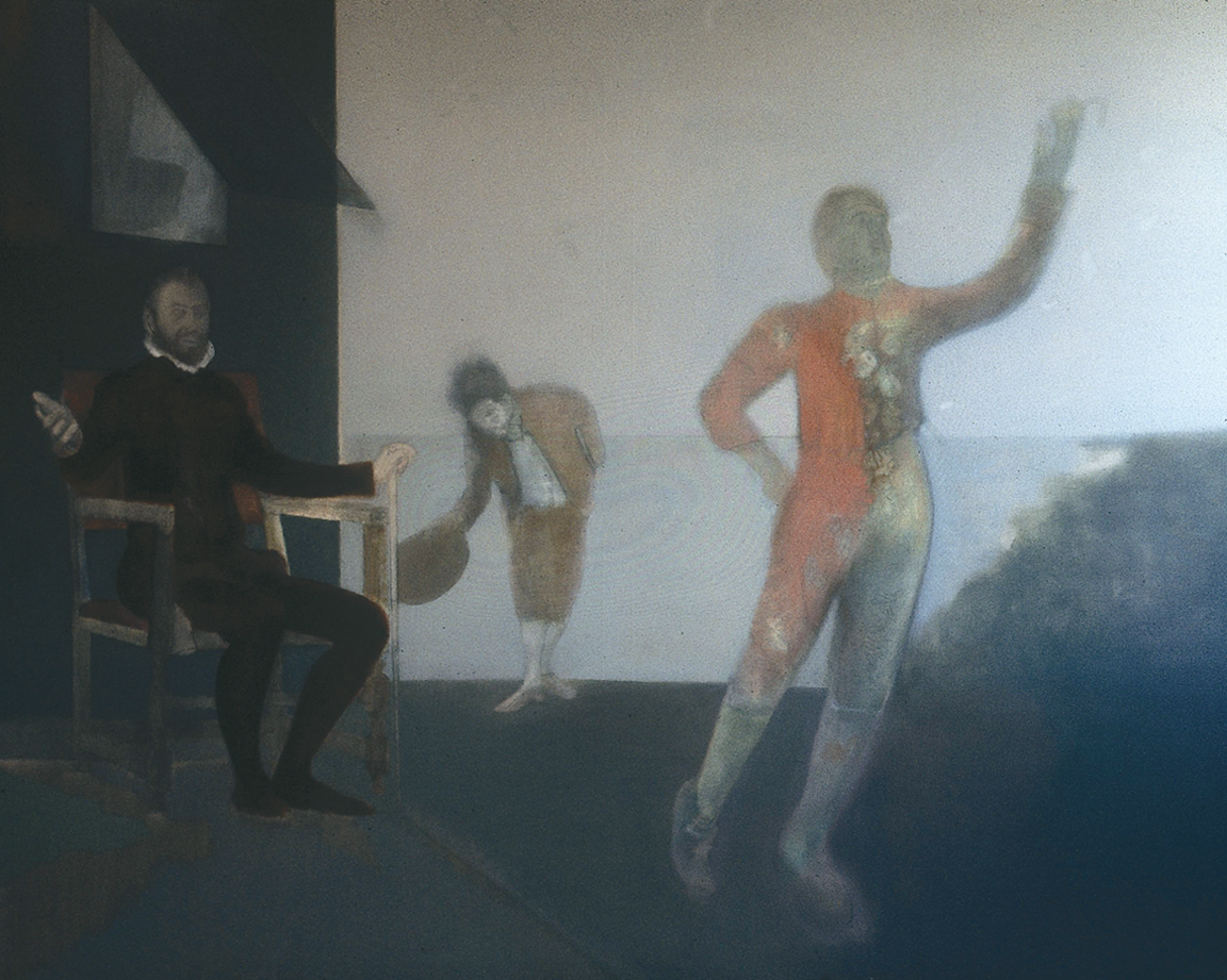 Painting depicting costumed figure raising left hand in the right foreground, who is watched by a seated person in shadow to the left, while a figure in background bows with hat in hand; painting of two figures running away from viewer followed by a figure with head bowed, and another figure facing viewer holding a basket, with a ship in the background. 
